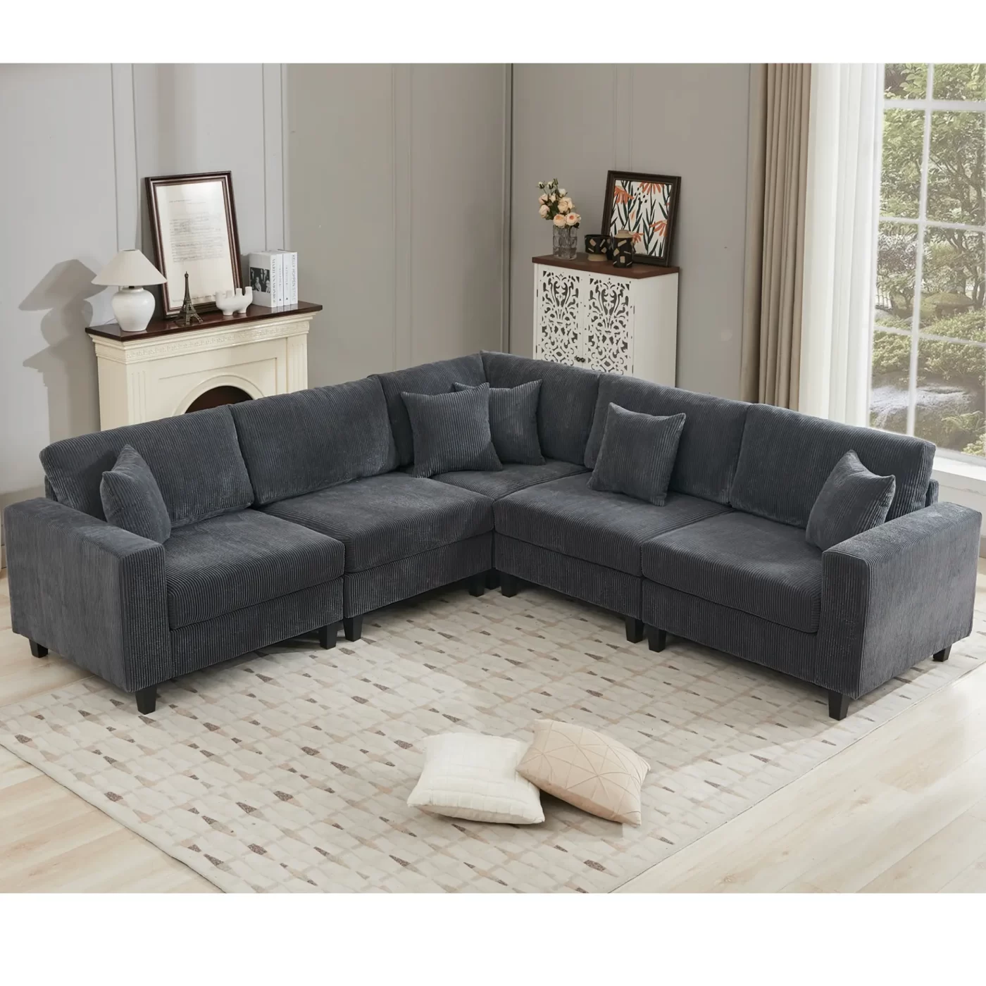 Oversized Modular Sectional Sofa Set, L Shaped Couch,Corduroy ,Upholstered,Deep Seat,,5 Seat,5 Throw pillow and 6 back cushion,Living Room, Apartment , Gray