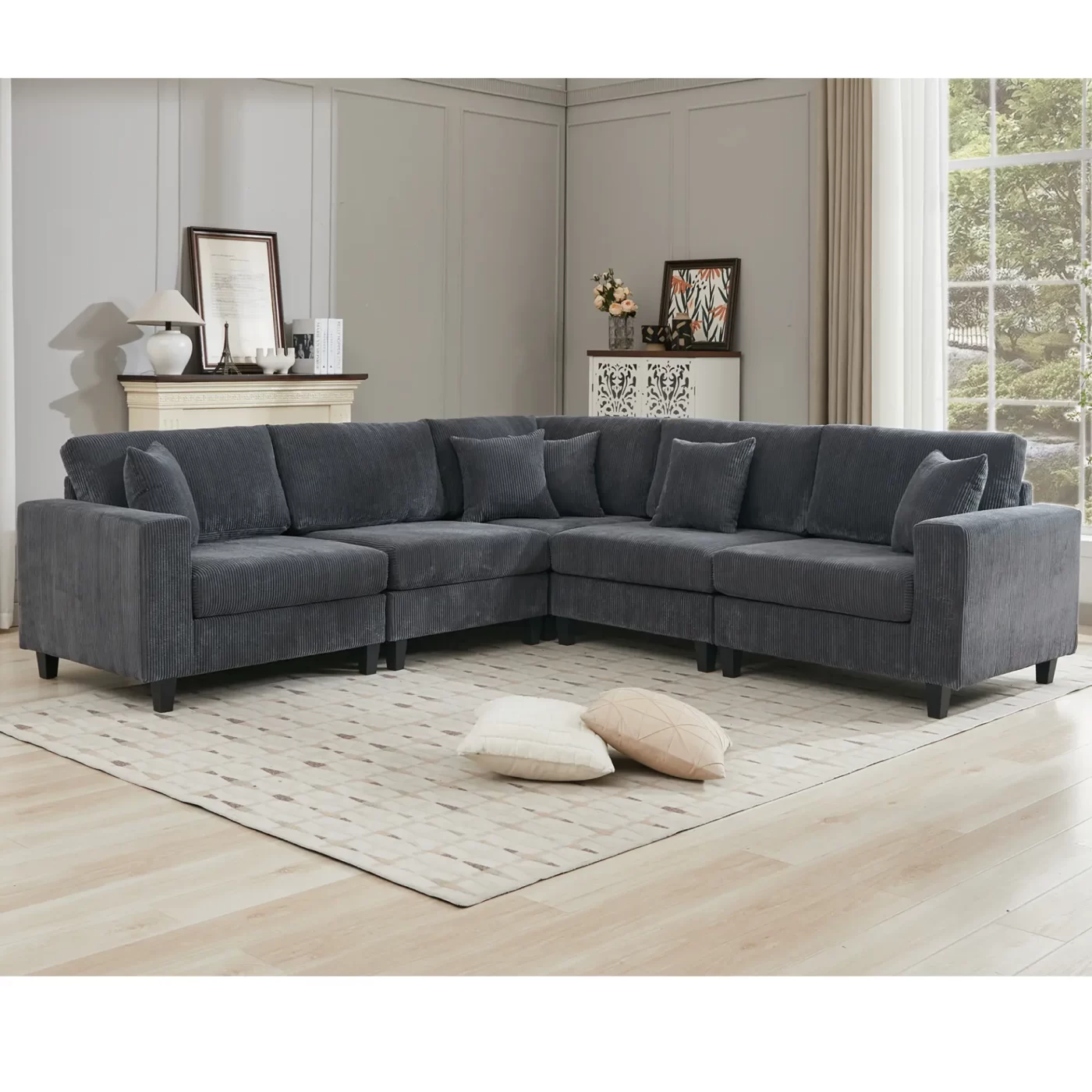 Oversized Modular Sectional Sofa Set, L Shaped Couch,Corduroy ,Upholstered,Deep Seat,,5 Seat,5 Throw pillow and 6 back cushion,Living Room, Apartment , Gray