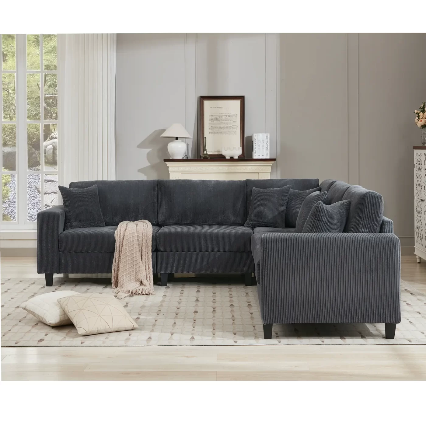 Oversized Modular Sectional Sofa Set, L Shaped Couch,Corduroy ,Upholstered,Deep Seat,,5 Seat,5 Throw pillow and 6 back cushion,Living Room, Apartment , Gray
