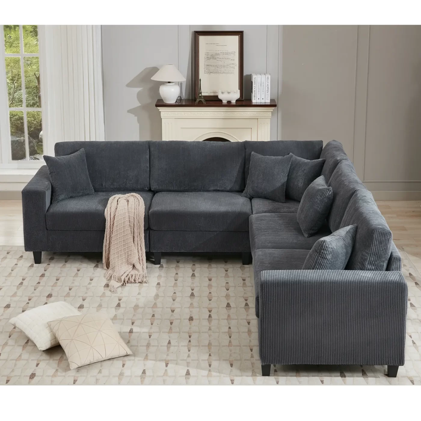 Oversized Modular Sectional Sofa Set, L Shaped Couch,Corduroy ,Upholstered,Deep Seat,,5 Seat,5 Throw pillow and 6 back cushion,Living Room, Apartment , Gray