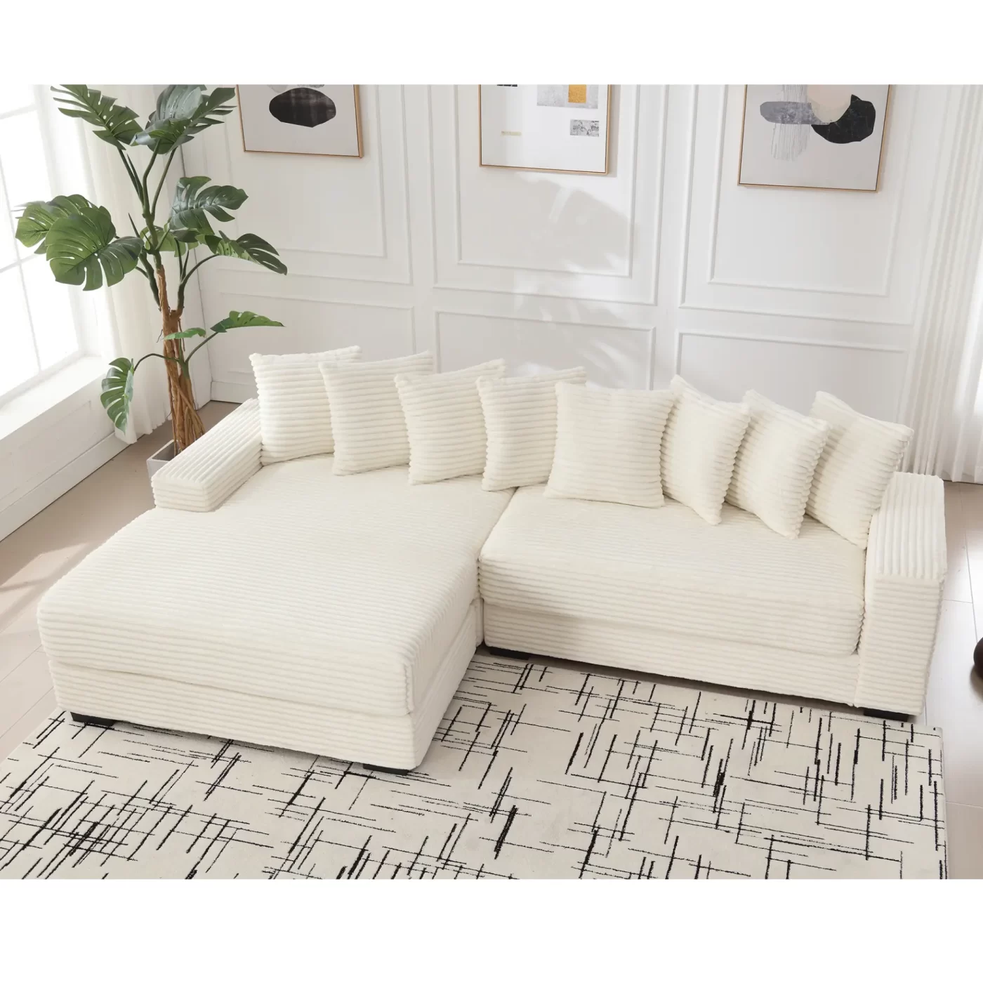 Oversized Two-Piece Couches, L Shaped Sofa, Corduroy, Left Chaise Daybed,with Armrests,Eight Throw Pillows,Corner Sofa,Easy To Assemble, Beige