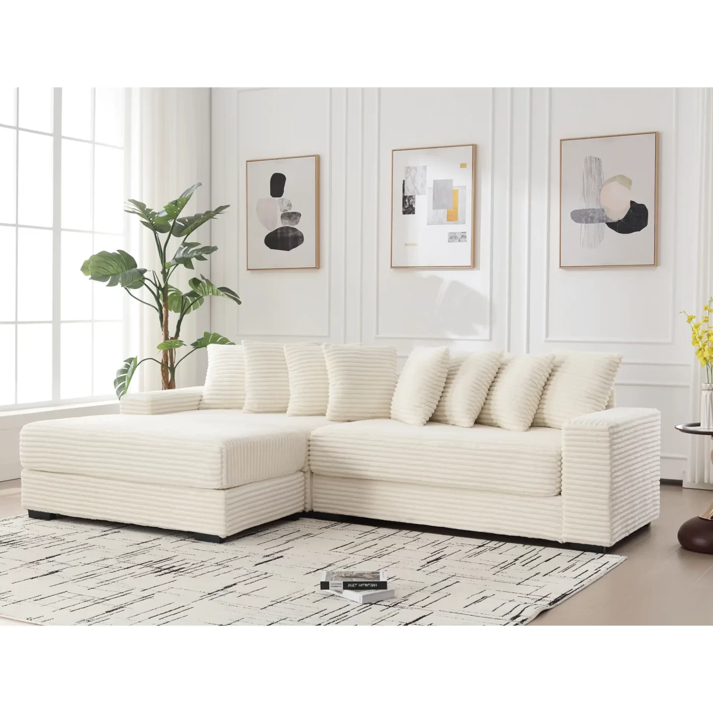 Oversized Two-Piece Couches, L Shaped Sofa, Corduroy, Left Chaise Daybed,with Armrests,Eight Throw Pillows,Corner Sofa,Easy To Assemble, Beige