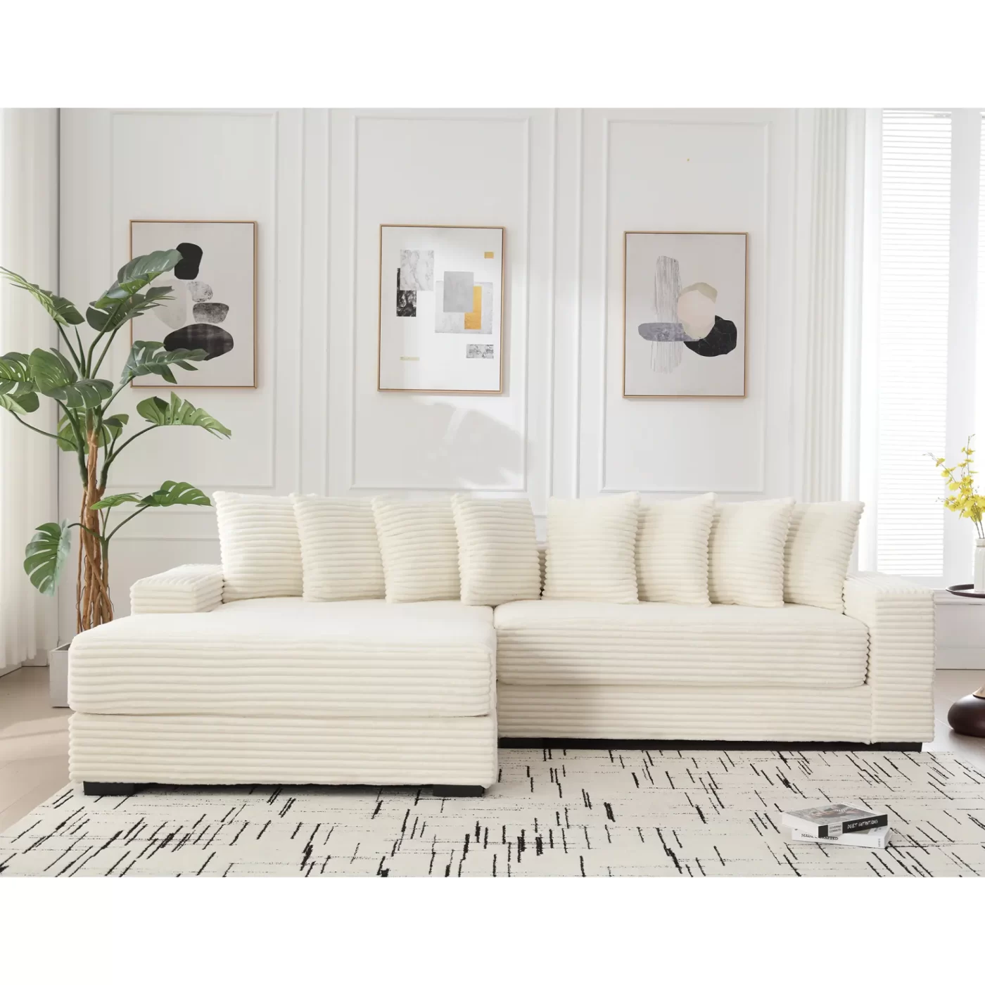 Oversized Two-Piece Couches, L Shaped Sofa, Corduroy, Left Chaise Daybed,with Armrests,Eight Throw Pillows,Corner Sofa,Easy To Assemble, Beige