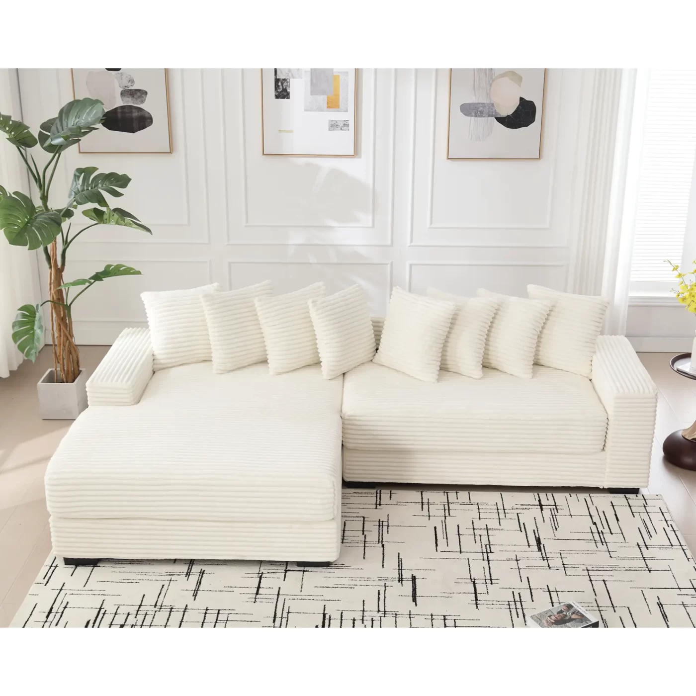 Oversized Two-Piece Couches, L Shaped Sofa, Corduroy, Left Chaise Daybed,with Armrests,Eight Throw Pillows,Corner Sofa,Easy To Assemble, Beige