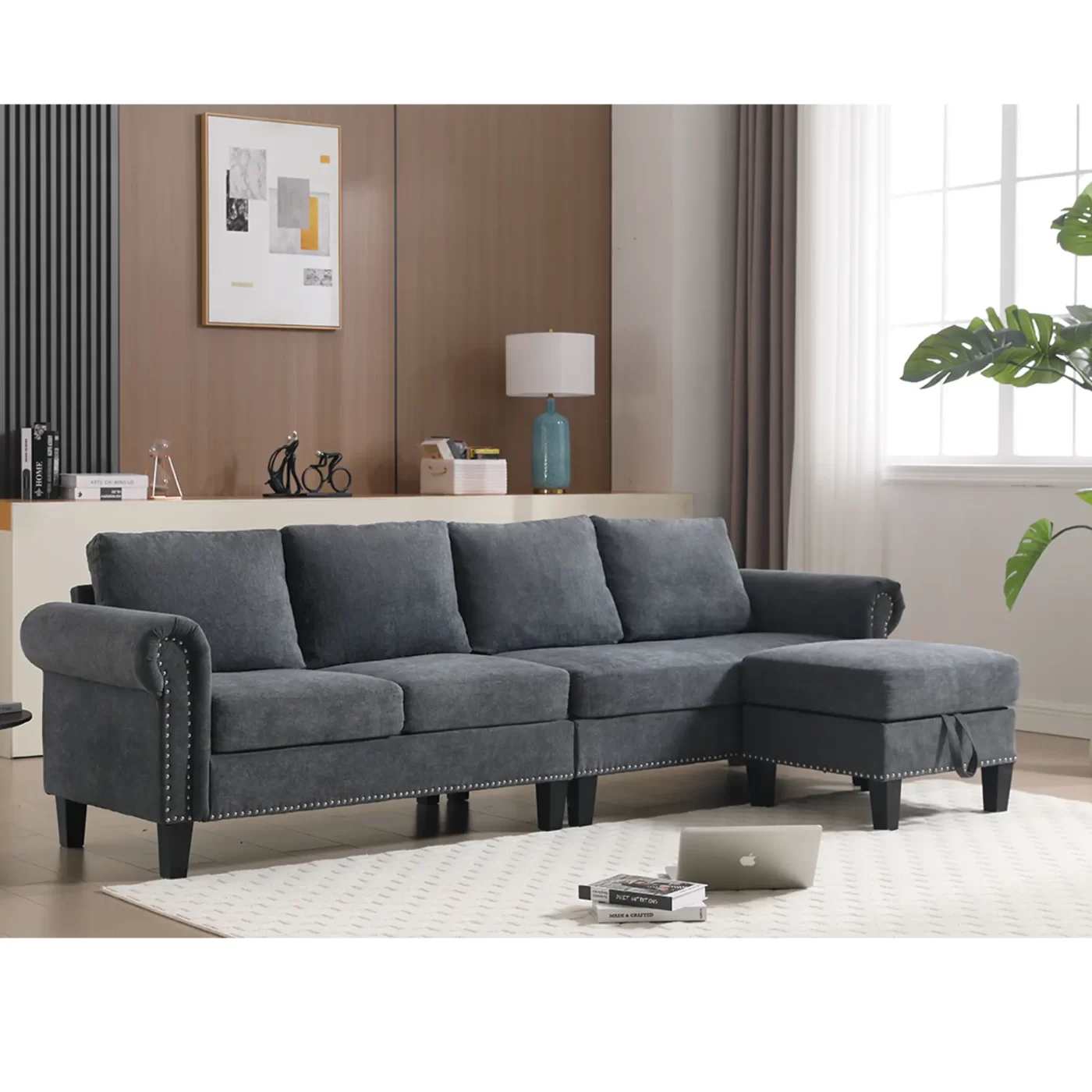 Convertible Sectional Sofa with Storage,L-shaped sofa,Four-seater sofa,Modern Linen Fabric Sectional Couches for Living Room,Gray