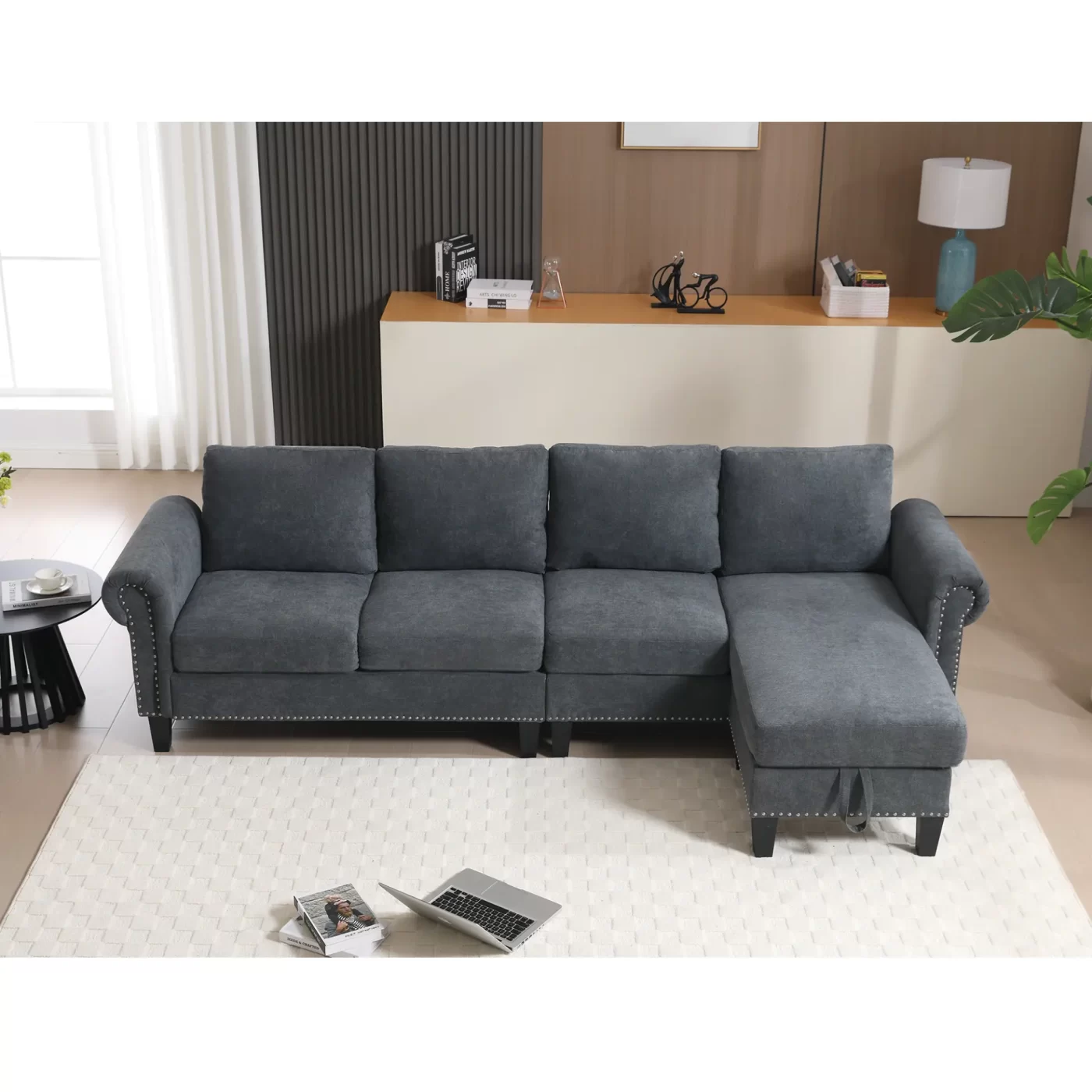 Convertible Sectional Sofa with Storage,L-shaped sofa,Four-seater sofa,Modern Linen Fabric Sectional Couches for Living Room,Gray