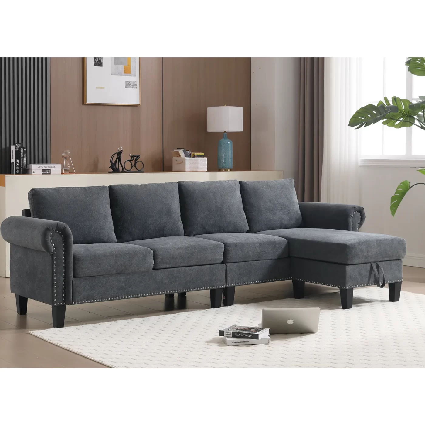 Convertible Sectional Sofa with Storage,L-shaped sofa,Four-seater sofa,Modern Linen Fabric Sectional Couches for Living Room,Gray
