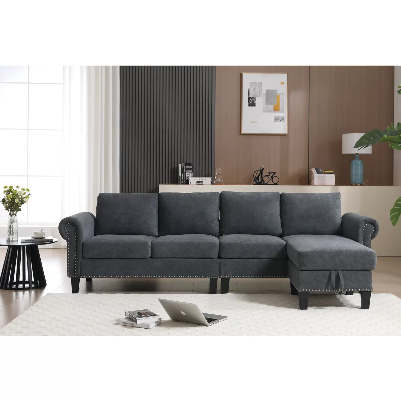 Convertible Sectional Sofa with Storage,L-shaped sofa,Four-seater sofa,Modern Linen Fabric Sectional Couches for Living Room,Gray