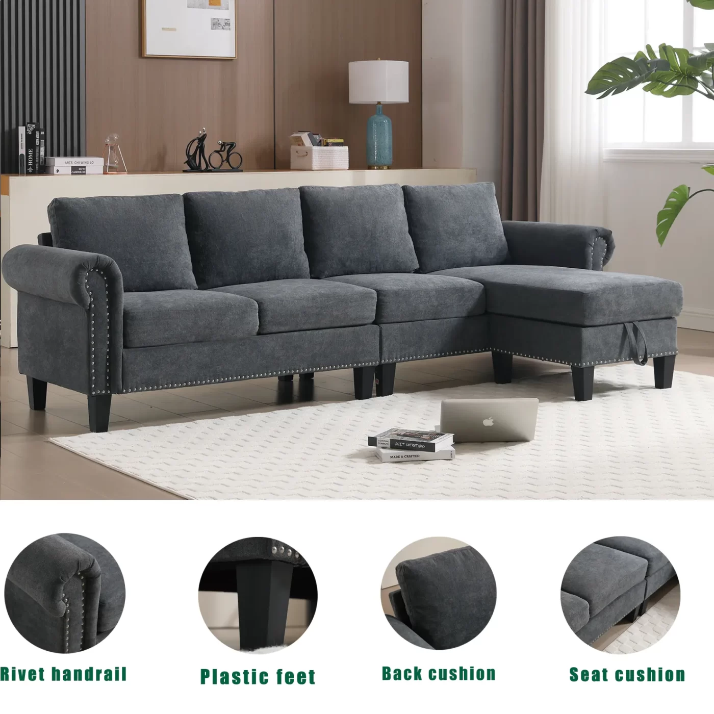 Convertible Sectional Sofa with Storage,L-shaped sofa,Four-seater sofa,Modern Linen Fabric Sectional Couches for Living Room,Gray