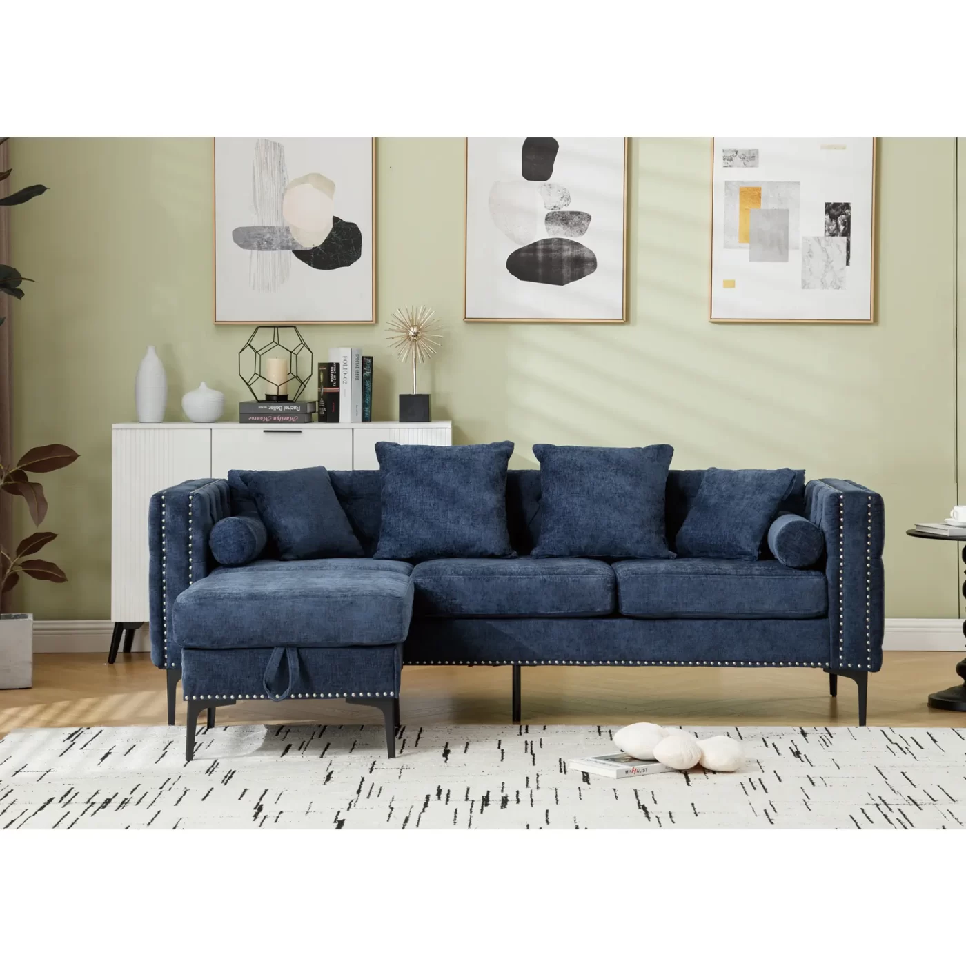 L Shaped Sectional Sofa , Convertible Storage Ottoman,Chenille ,Square Arm, Modern Tufted Couch ,3 Seater, And Nailhead,Blue