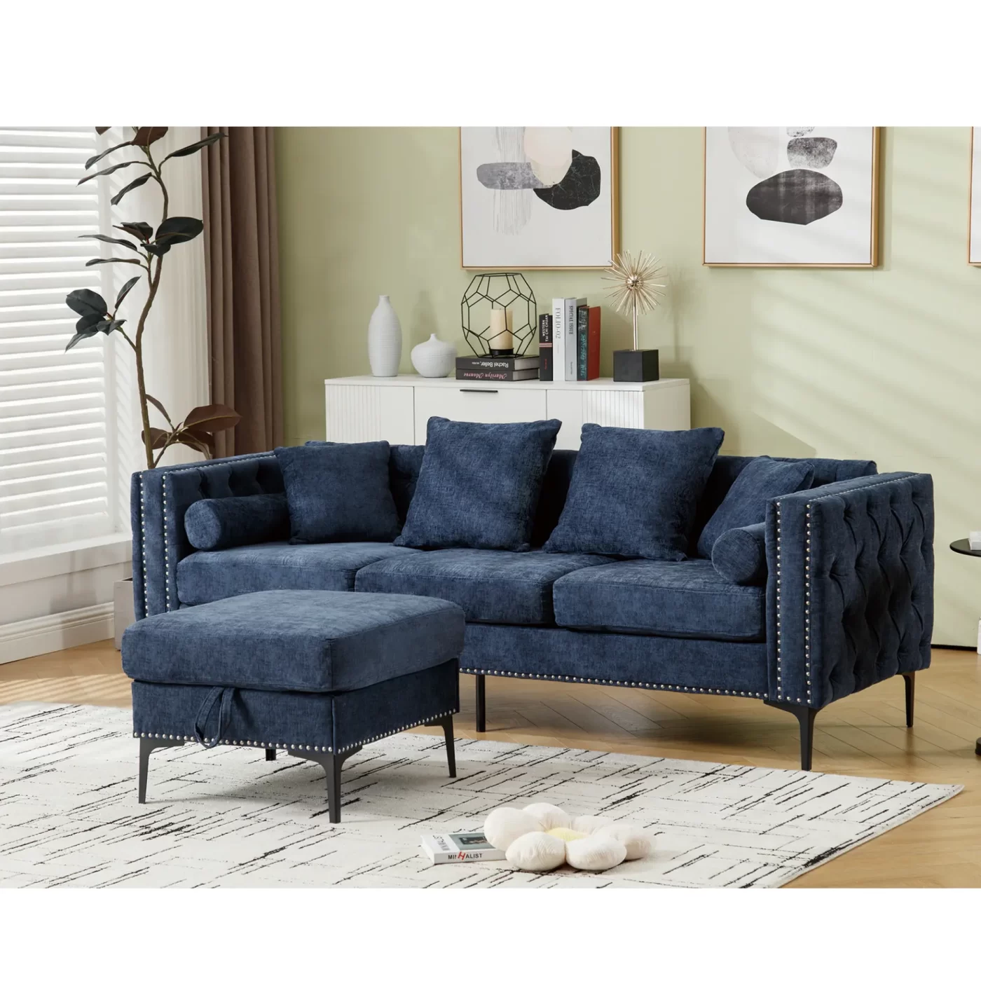 L Shaped Sectional Sofa , Convertible Storage Ottoman,Chenille ,Square Arm, Modern Tufted Couch ,3 Seater, And Nailhead,Blue