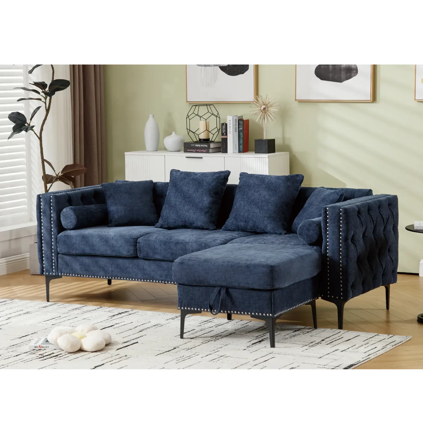 L Shaped Sectional Sofa , Convertible Storage Ottoman,Chenille ,Square Arm, Modern Tufted Couch ,3 Seater, And Nailhead,Blue