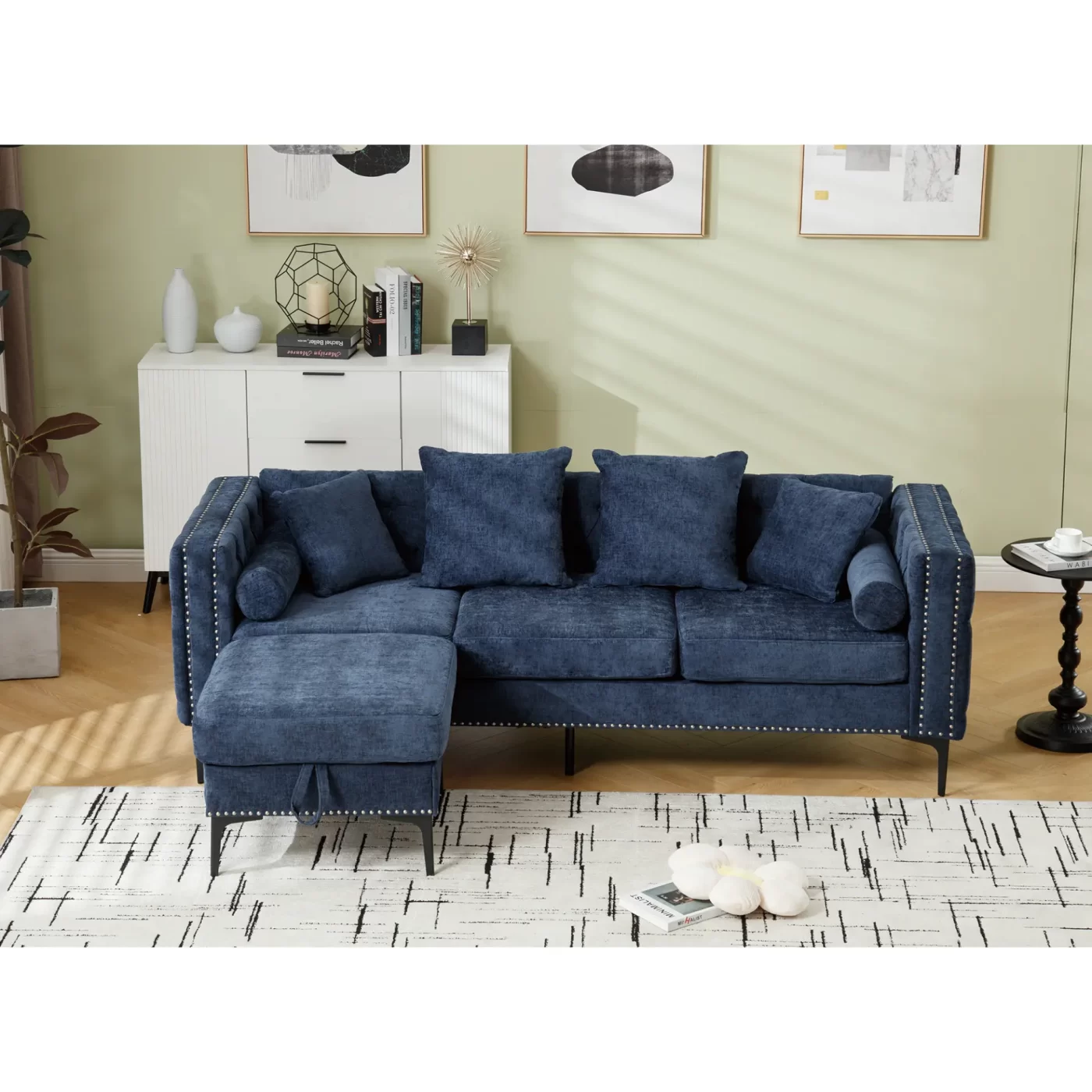 L Shaped Sectional Sofa , Convertible Storage Ottoman,Chenille ,Square Arm, Modern Tufted Couch ,3 Seater, And Nailhead,Blue
