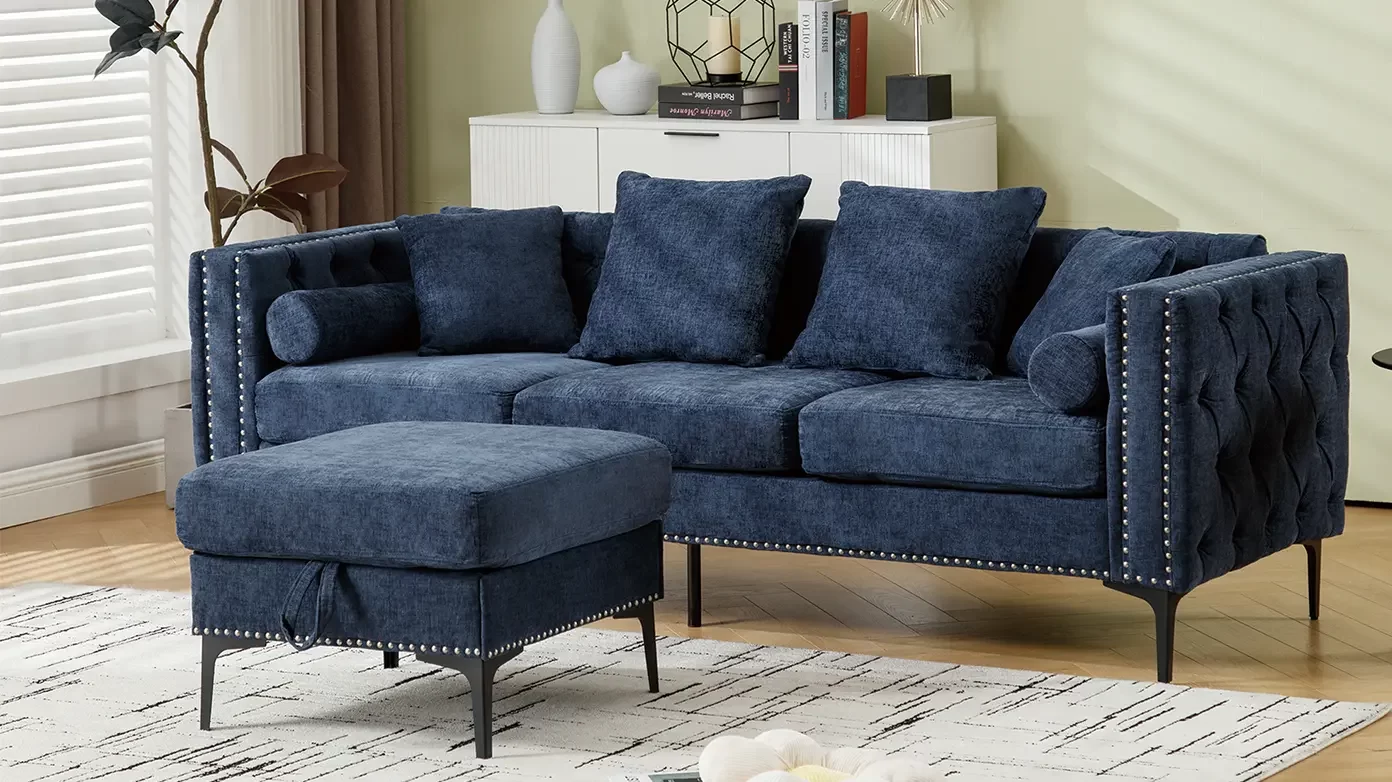 L Shaped Sectional Sofa , Convertible Storage Ottoman,Chenille ,Square Arm, Modern Tufted Couch ,3 Seater, And Nailhead,Blue