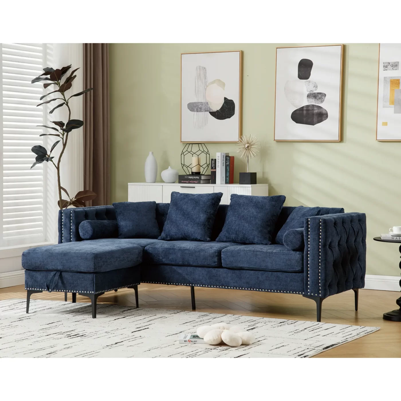 L Shaped Sectional Sofa , Convertible Storage Ottoman,Chenille ,Square Arm, Modern Tufted Couch ,3 Seater, And Nailhead,Blue