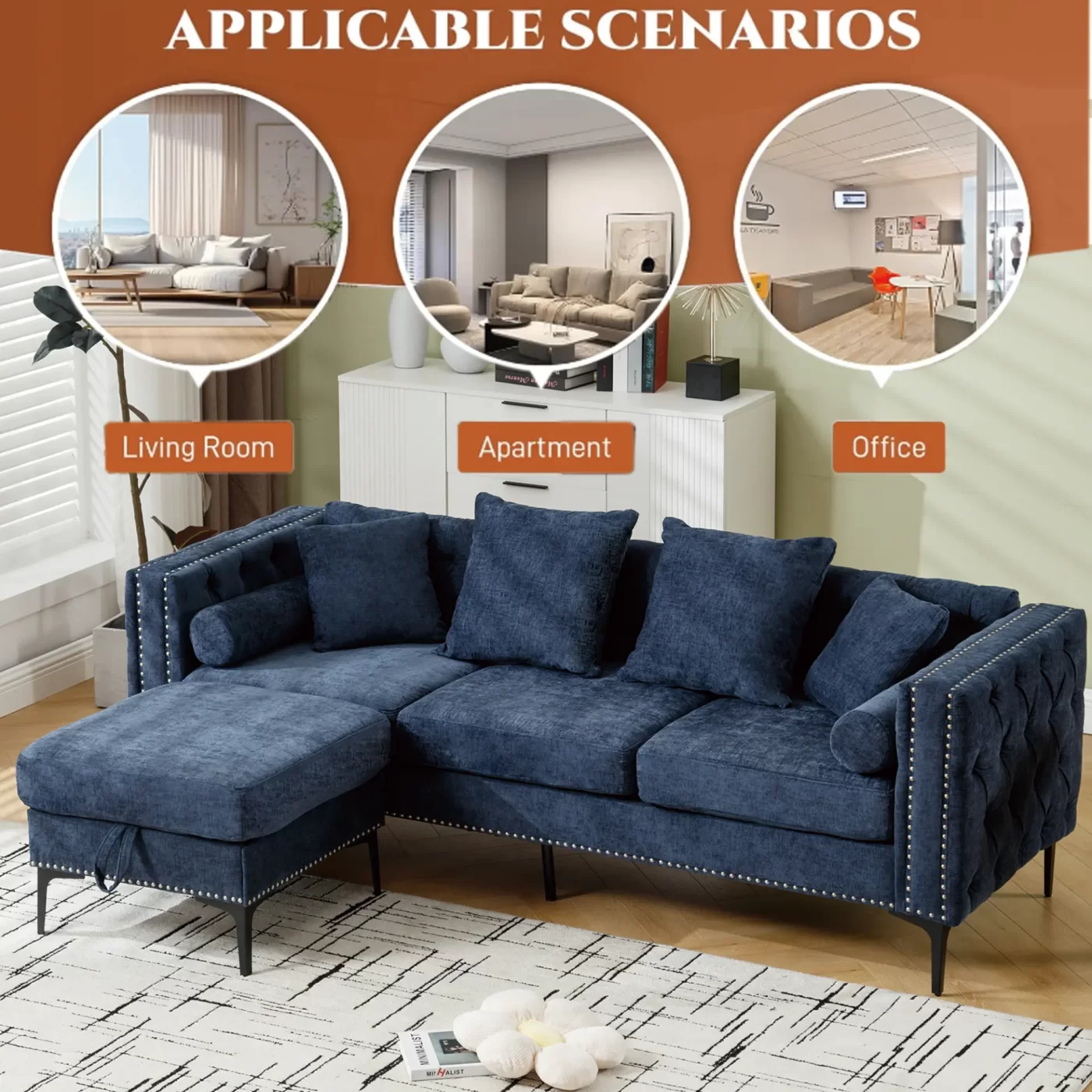 L Shaped Sectional Sofa , Convertible Storage Ottoman,Chenille ,Square Arm, Modern Tufted Couch ,3 Seater, And Nailhead,Blue