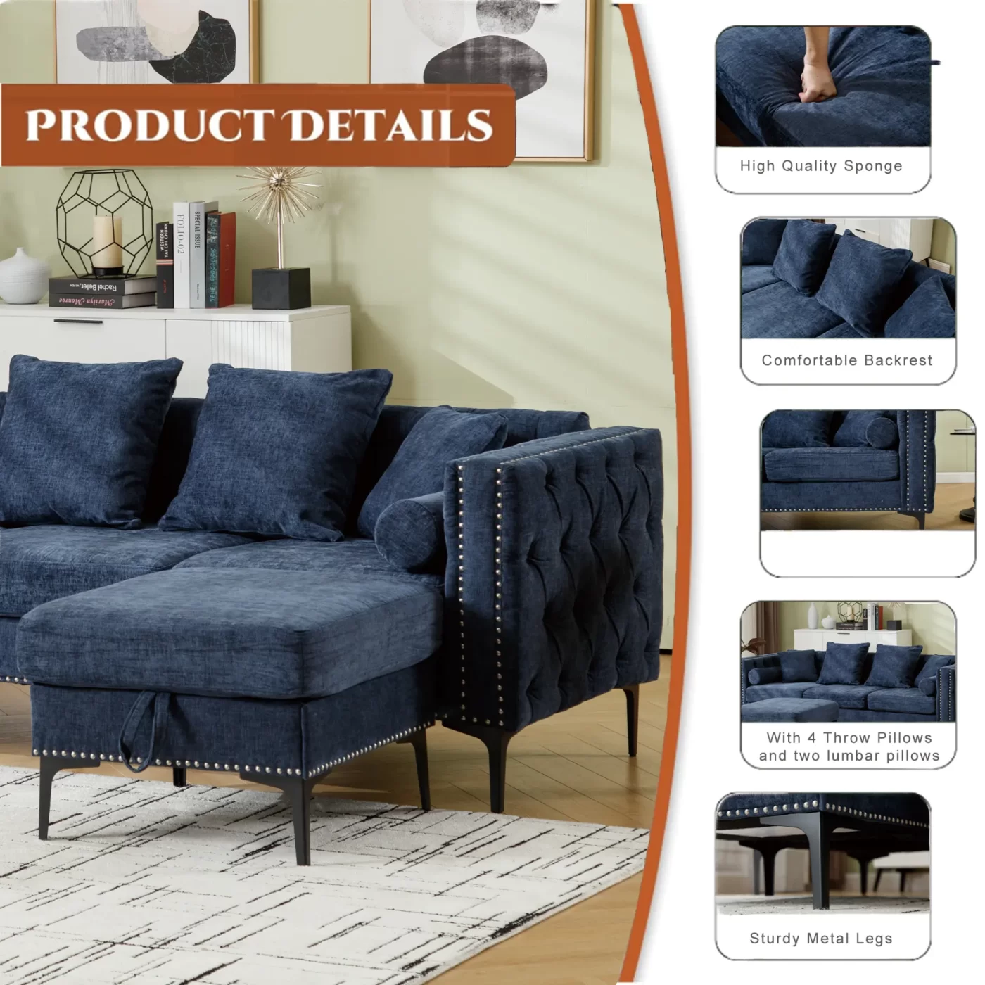 L Shaped Sectional Sofa , Convertible Storage Ottoman,Chenille ,Square Arm, Modern Tufted Couch ,3 Seater, And Nailhead,Blue