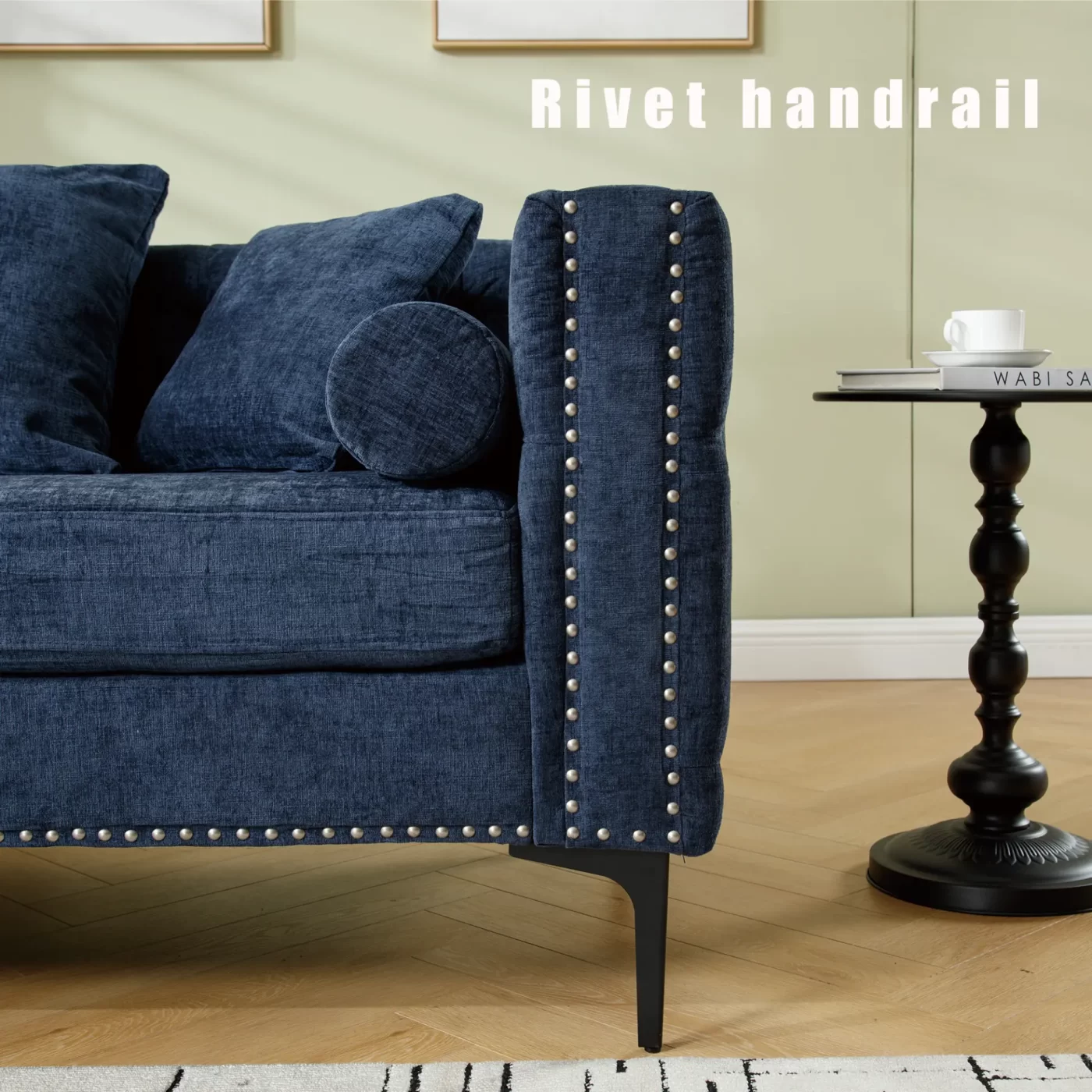 L Shaped Sectional Sofa , Convertible Storage Ottoman,Chenille ,Square Arm, Modern Tufted Couch ,3 Seater, And Nailhead,Blue