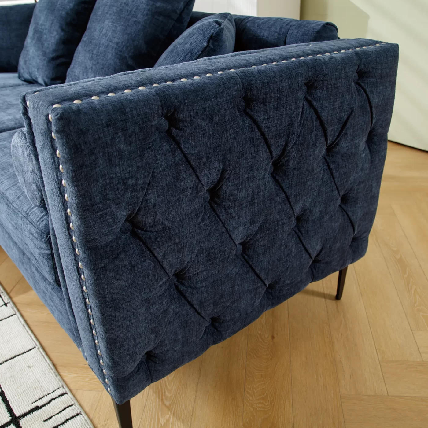 L Shaped Sectional Sofa , Convertible Storage Ottoman,Chenille ,Square Arm, Modern Tufted Couch ,3 Seater, And Nailhead,Blue