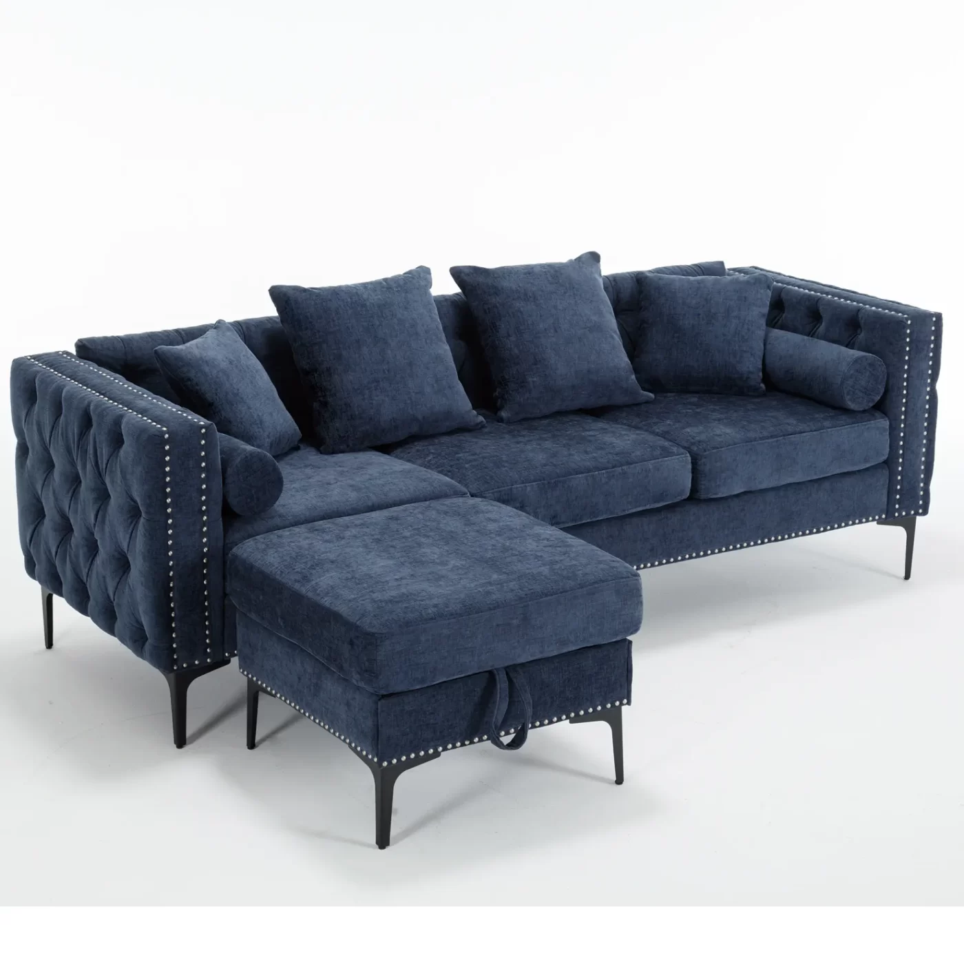 L Shaped Sectional Sofa , Convertible Storage Ottoman,Chenille ,Square Arm, Modern Tufted Couch ,3 Seater, And Nailhead,Blue