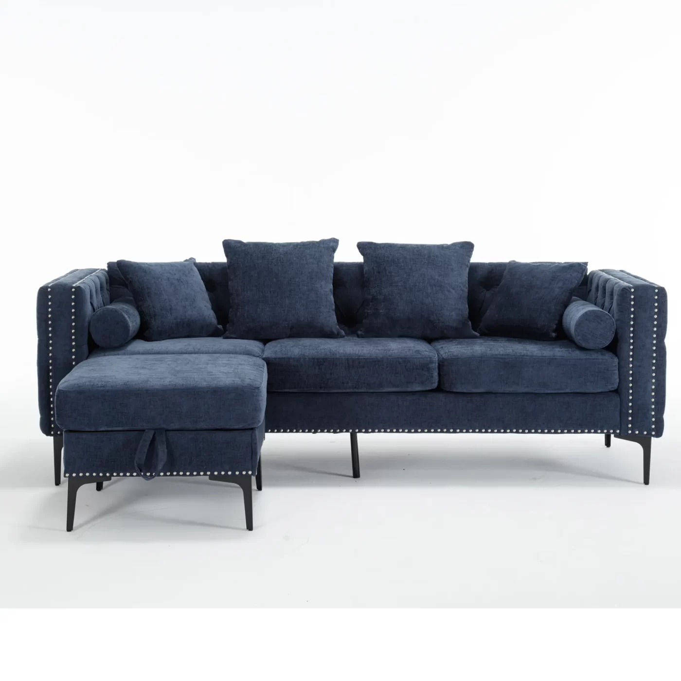L Shaped Sectional Sofa , Convertible Storage Ottoman,Chenille ,Square Arm, Modern Tufted Couch ,3 Seater, And Nailhead,Blue