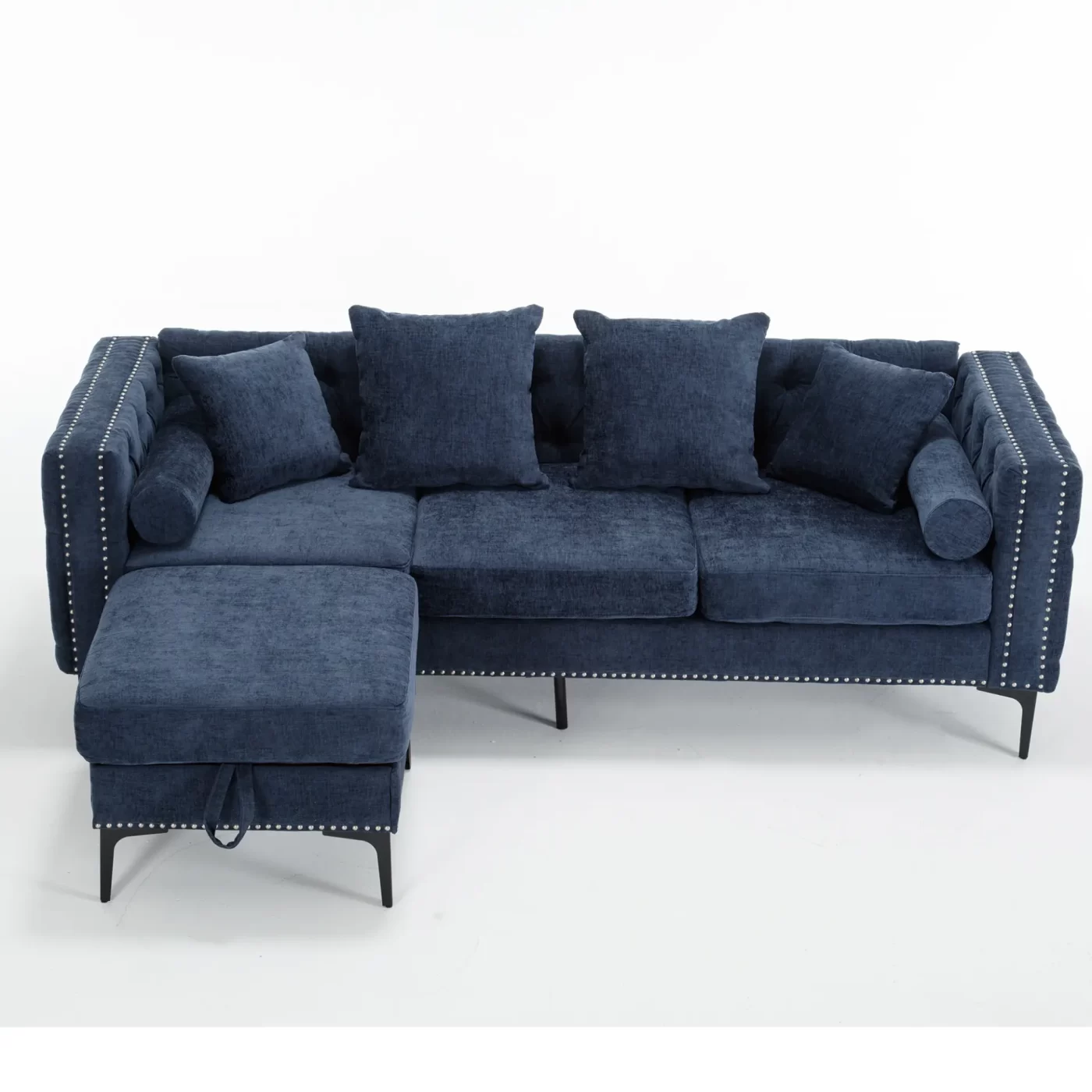 L Shaped Sectional Sofa , Convertible Storage Ottoman,Chenille ,Square Arm, Modern Tufted Couch ,3 Seater, And Nailhead,Blue