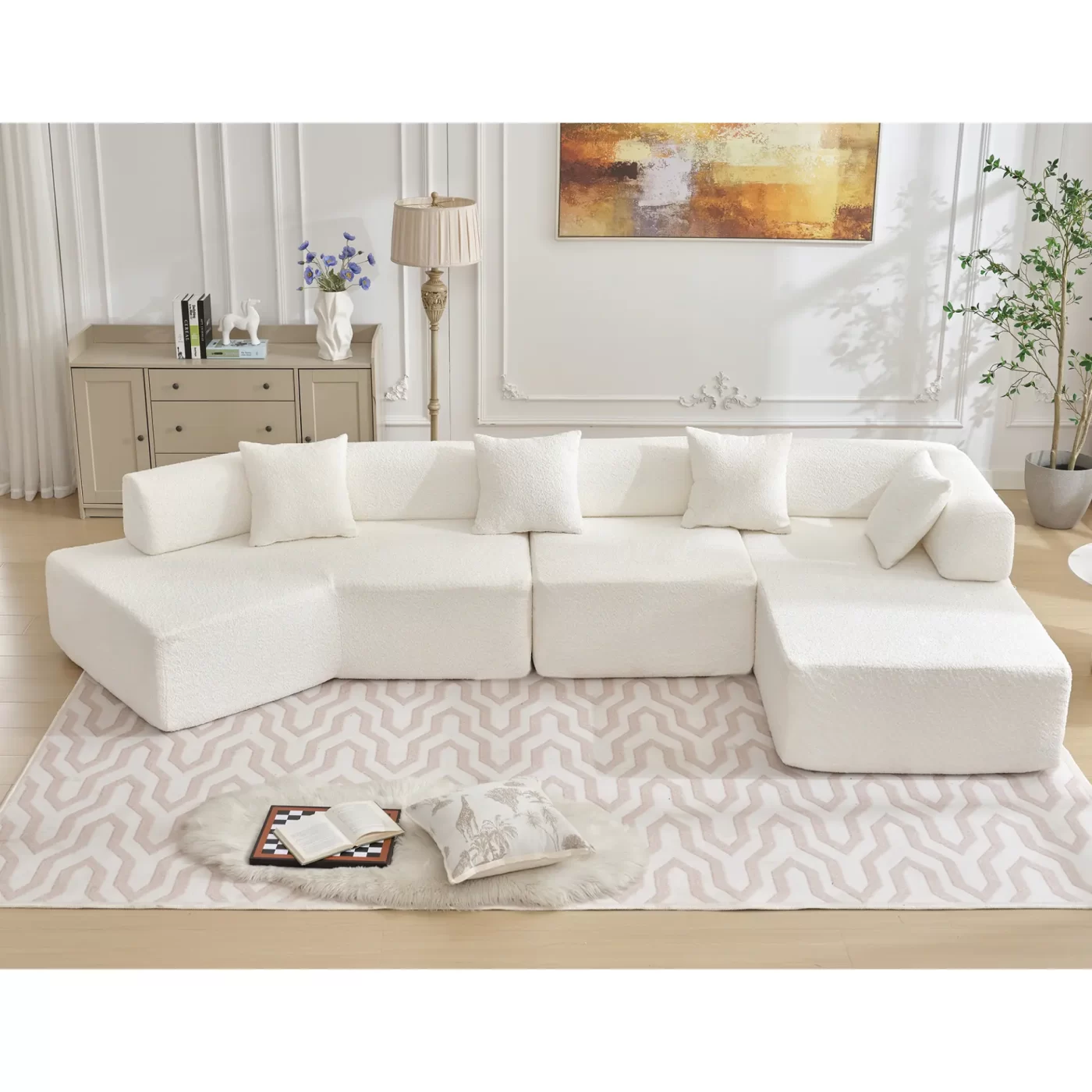 Modern Minimalist 140" L-Shape Couch ,No Assembly Required,Boucle,Modular Sofa ,Couch with Chaise,Free Combination Foam-Filled Sofa, 4 Seats,White