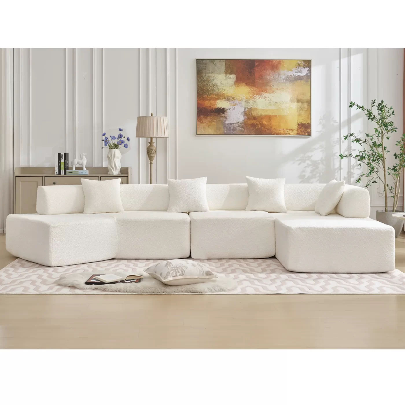 Modern Minimalist 140" L-Shape Couch ,No Assembly Required,Boucle,Modular Sofa ,Couch with Chaise,Free Combination Foam-Filled Sofa, 4 Seats,White