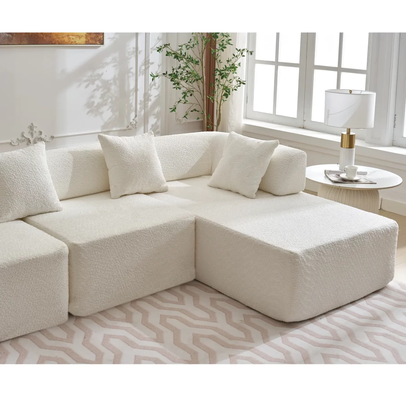 Modern Minimalist 140" L-Shape Couch ,No Assembly Required,Boucle,Modular Sofa ,Couch with Chaise,Free Combination Foam-Filled Sofa, 4 Seats,White