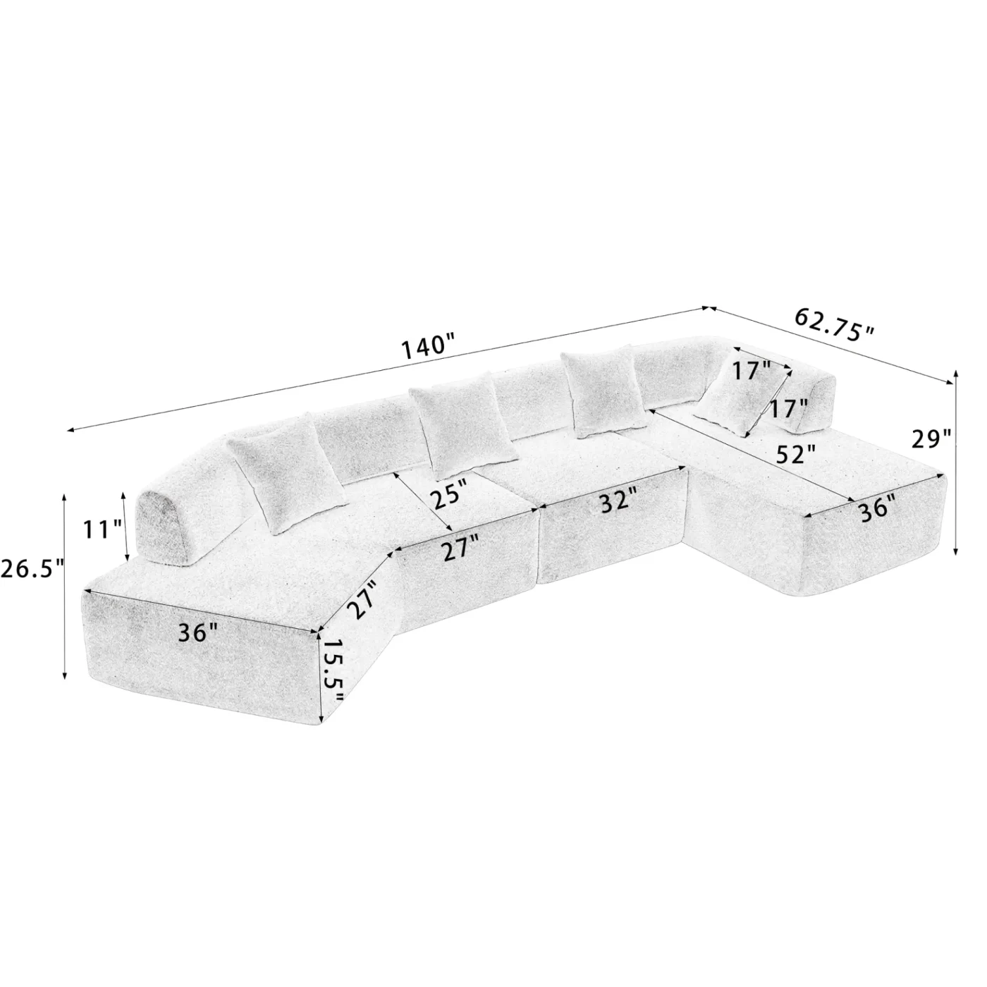 Modern Minimalist 140" L-Shape Couch ,No Assembly Required,Boucle,Modular Sofa ,Couch with Chaise,Free Combination Foam-Filled Sofa, 4 Seats,White