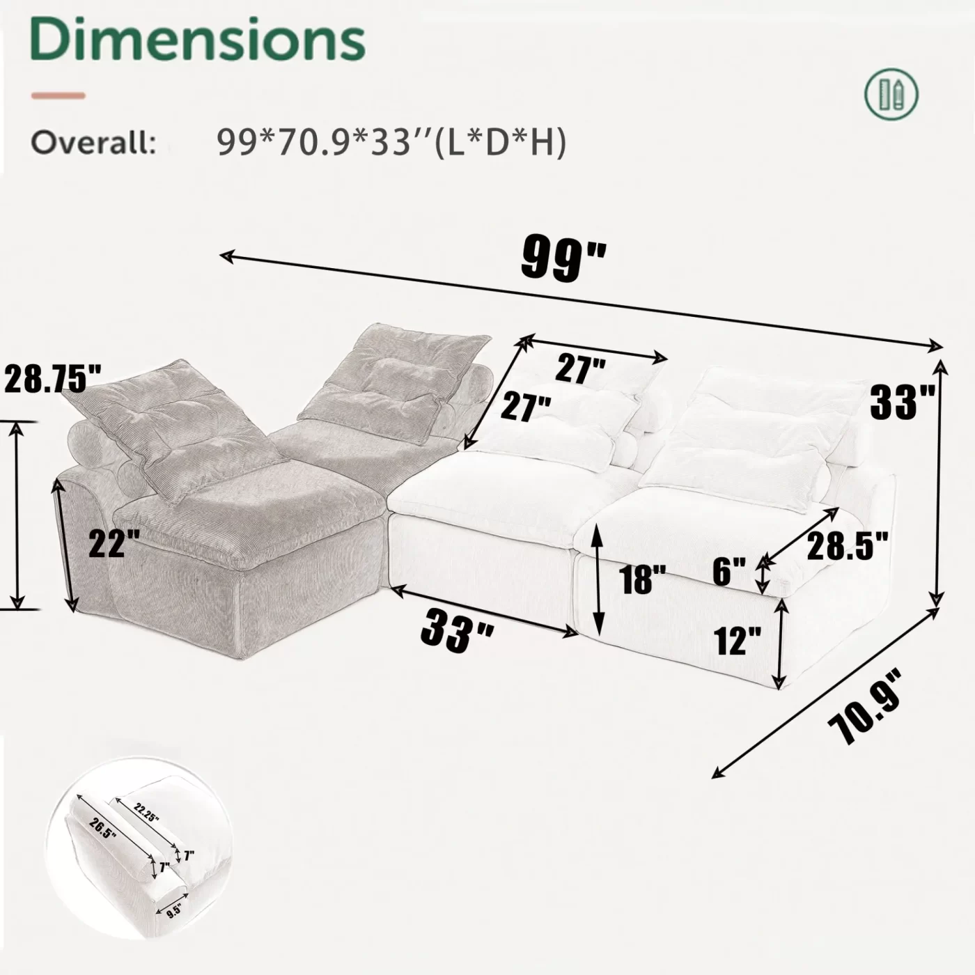 Modular Sofa,No Armrests,At will DIY,Corduroy ,Neck Pillow-Back Lounge Sofa Chair,Reading Nook, or Apartment Living, Lumbar Pillow,4 Seats,Upholstered,Beige,Green