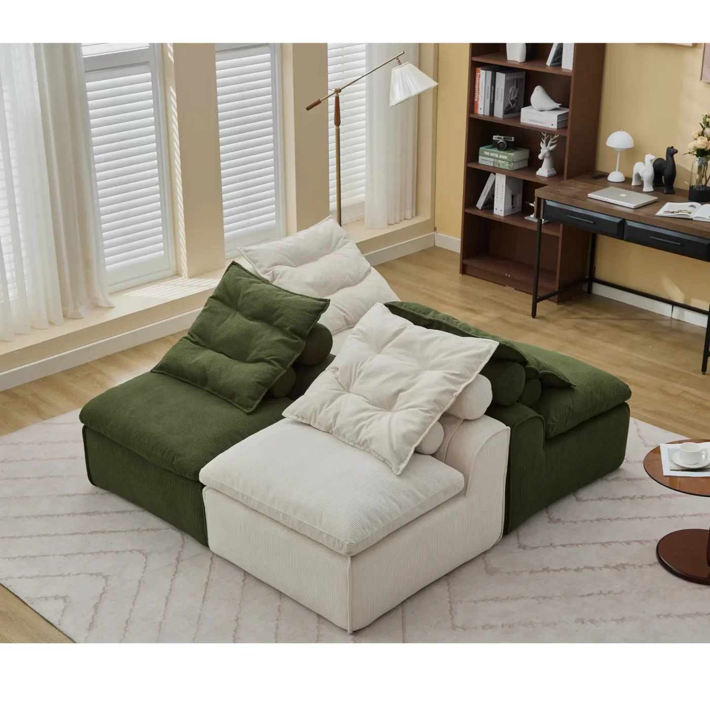 Modular Sofa,No Armrests,At will DIY,Corduroy ,Neck Pillow-Back Lounge Sofa Chair,Reading Nook, or Apartment Living, Lumbar Pillow,4 Seats,Upholstered,Beige,Green