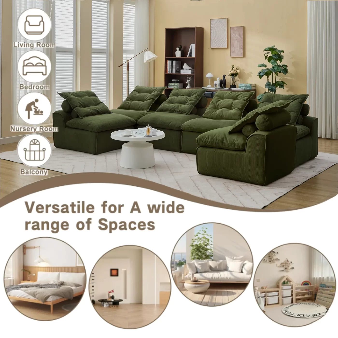 Modular Sofa,No Armrests,At will DIY,Corduroy ,Neck Pillow-Back Lounge Sofa Chair,Reading Nook, or Apartment Living, Lumbar Pillow,6 Seats,Upholstered,Green