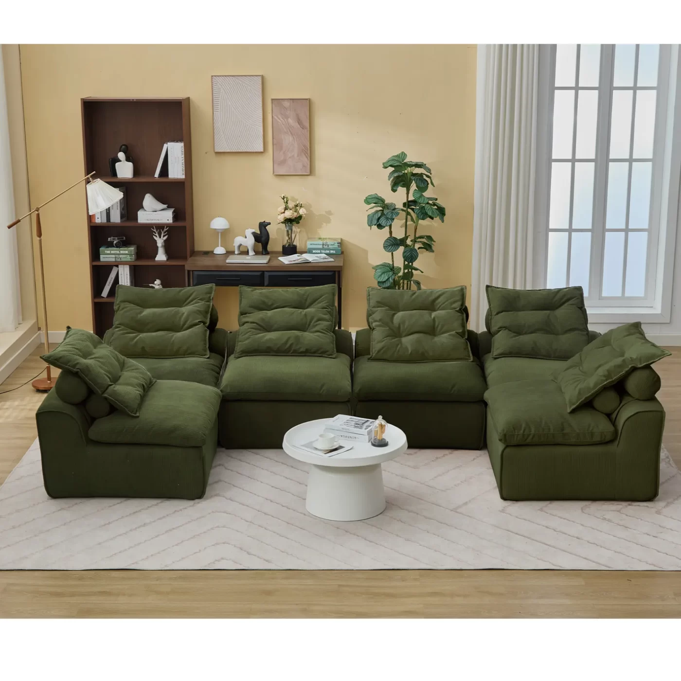 Modular Sofa,No Armrests,At will DIY,Corduroy ,Neck Pillow-Back Lounge Sofa Chair,Reading Nook, or Apartment Living, Lumbar Pillow,6 Seats,Upholstered,Green