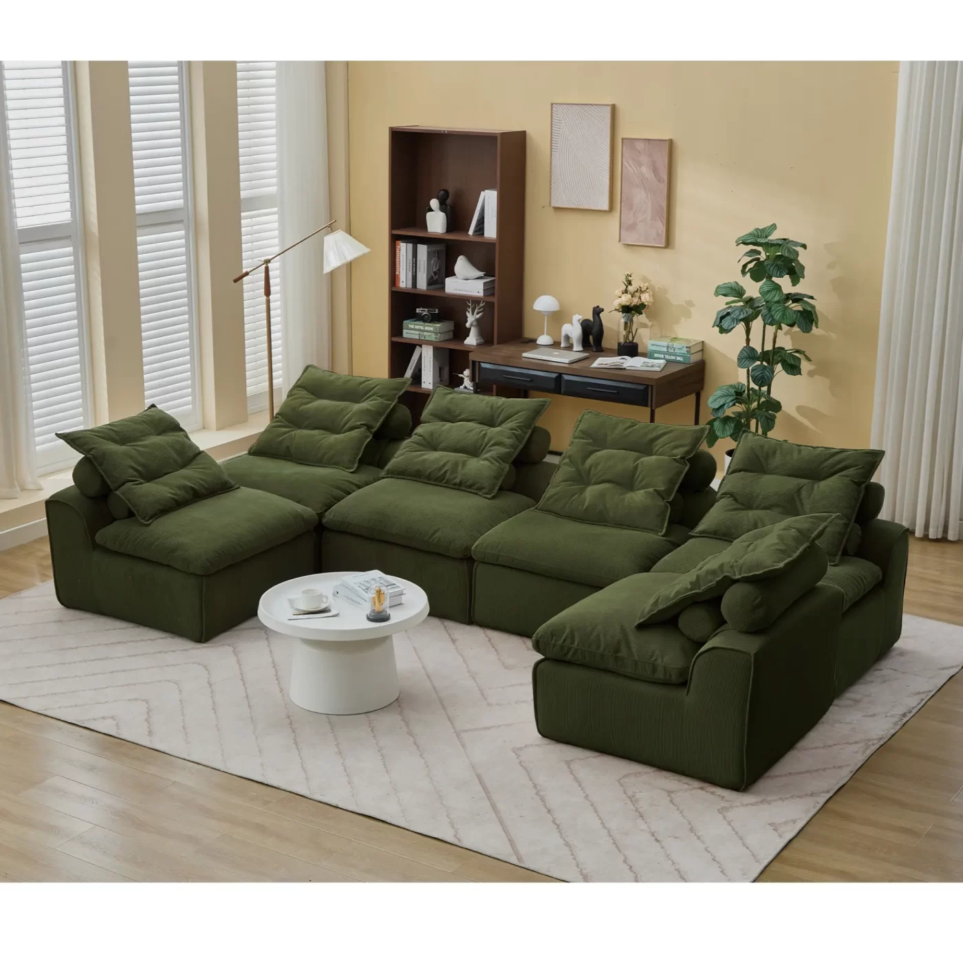Modular Sofa,No Armrests,At will DIY,Corduroy ,Neck Pillow-Back Lounge Sofa Chair,Reading Nook, or Apartment Living, Lumbar Pillow,6 Seats,Upholstered,Green