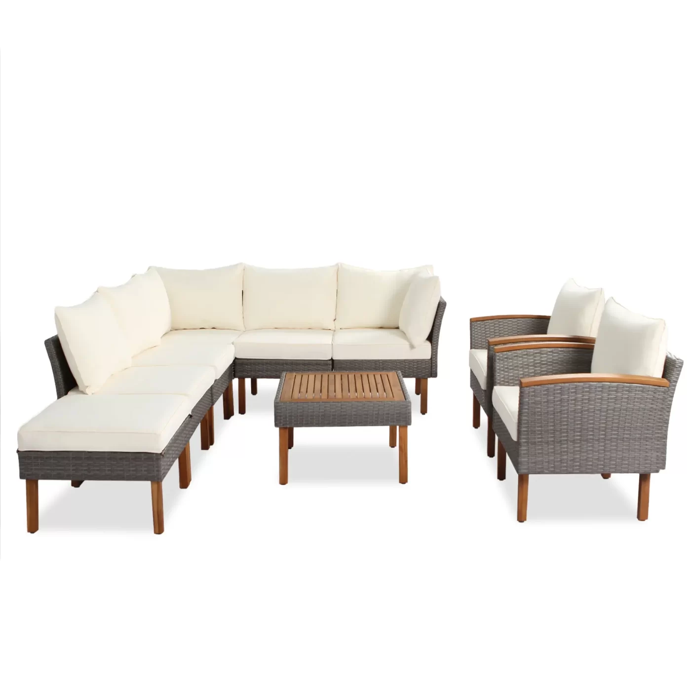 9-Piece Patio Rattan Furniture Set, Outdoor Conversation Set With Acacia Wood Legs and Tabletop, PE Rattan Sectional Sofa Set with Coffee Table, Washable Cushion, Beige