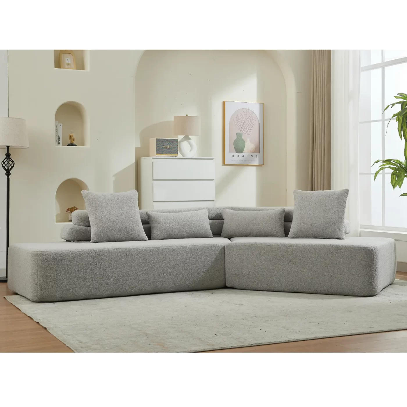128"Minimalist Cloud Sectional Couch ,Modern Couches ,4-Seater ,No Assembly,Two modular sofa,Boucle Teddy Fabric, upholstered , anti-wrinkle fabric,Light Gray