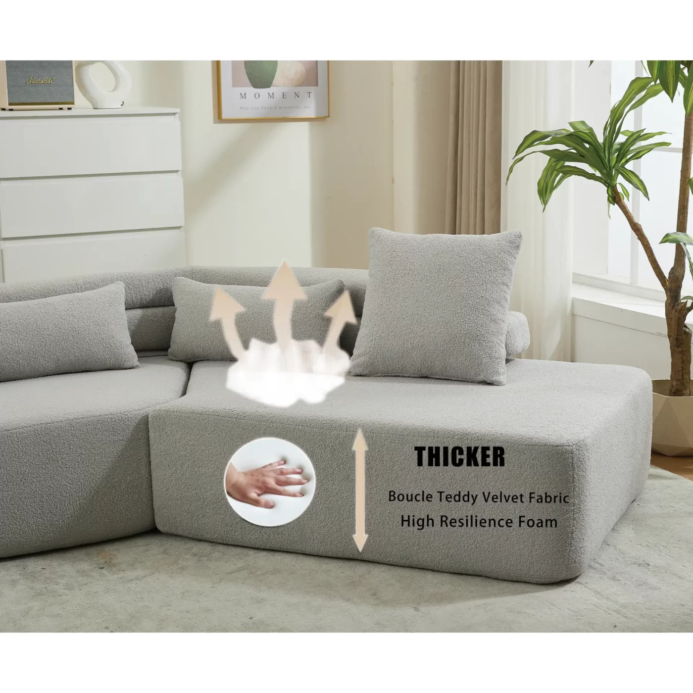 128"Minimalist Cloud Sectional Couch ,Modern Couches ,4-Seater ,No Assembly,Two modular sofa,Boucle Teddy Fabric, upholstered , anti-wrinkle fabric,Light Gray