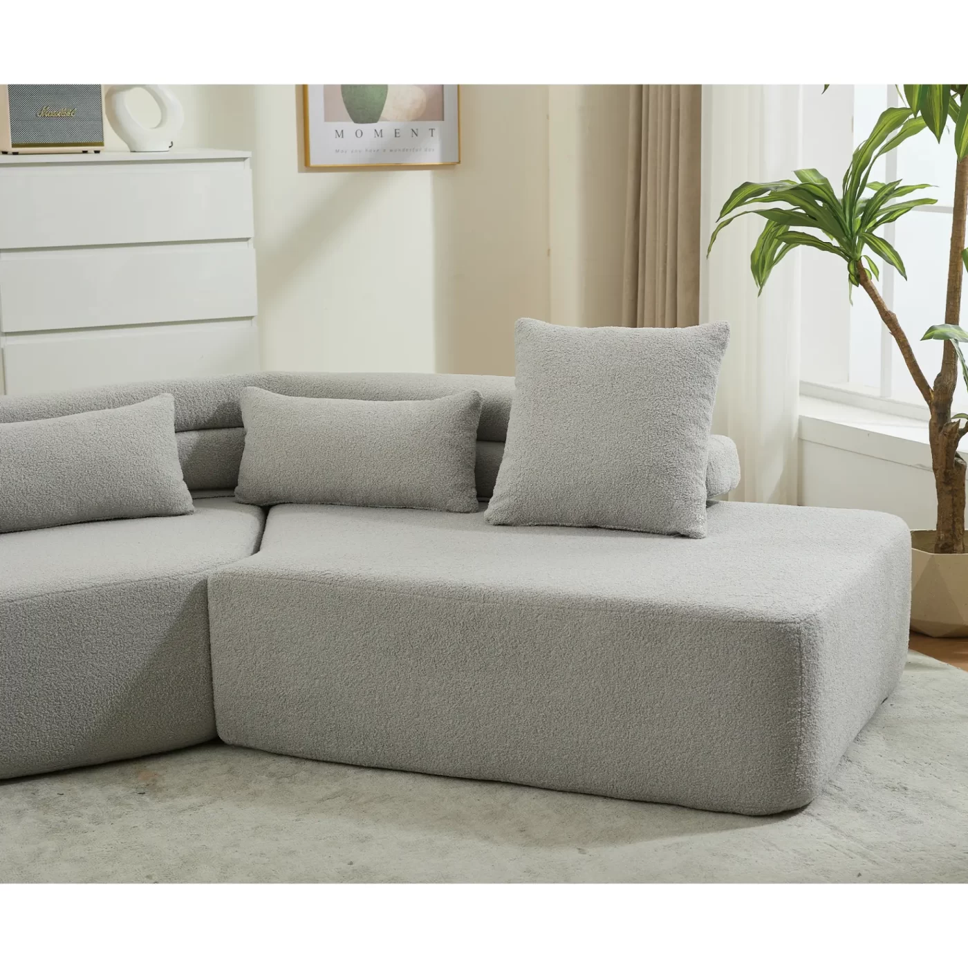 128"Minimalist Cloud Sectional Couch ,Modern Couches ,4-Seater ,No Assembly,Two modular sofa,Boucle Teddy Fabric, upholstered , anti-wrinkle fabric,Light Gray
