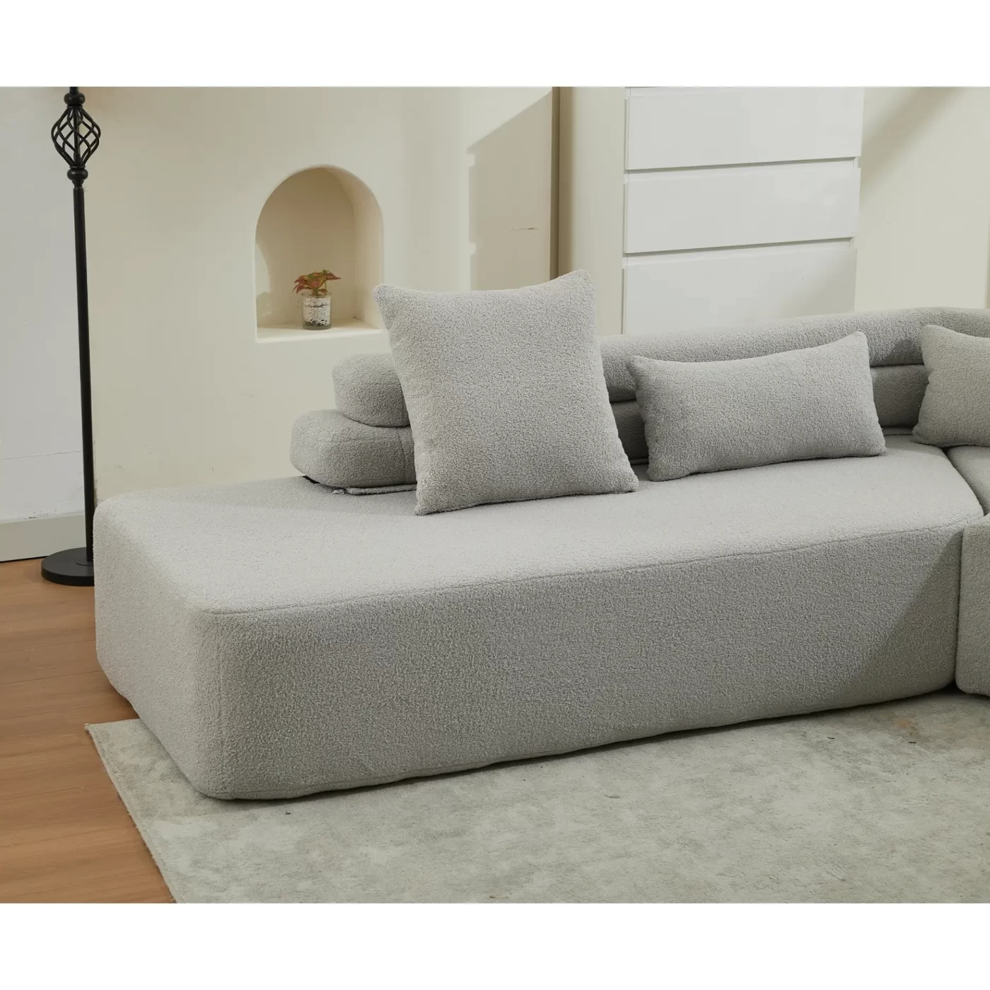 128"Minimalist Cloud Sectional Couch ,Modern Couches ,4-Seater ,No Assembly,Two modular sofa,Boucle Teddy Fabric, upholstered , anti-wrinkle fabric,Light Gray