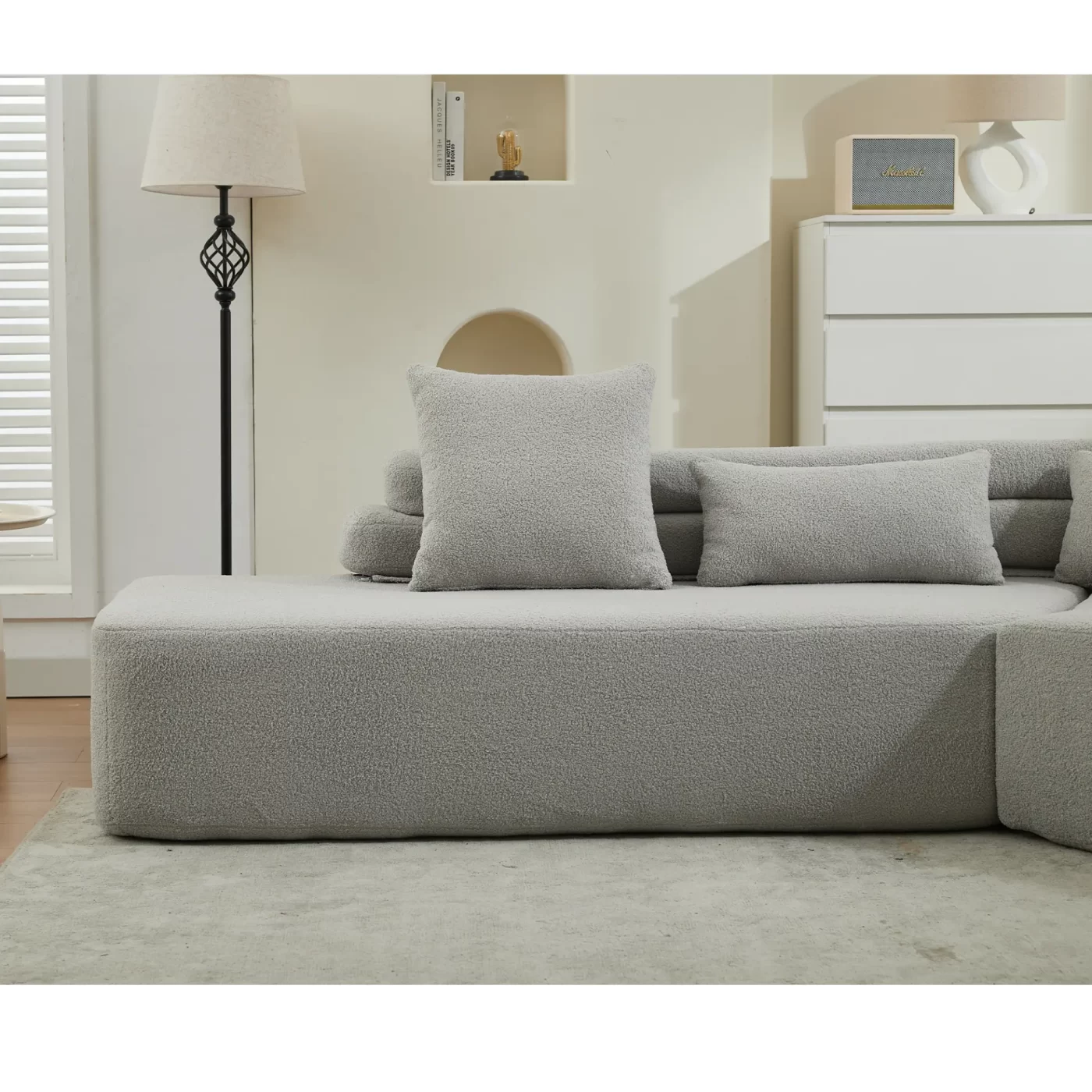 128"Minimalist Cloud Sectional Couch ,Modern Couches ,4-Seater ,No Assembly,Two modular sofa,Boucle Teddy Fabric, upholstered , anti-wrinkle fabric,Light Gray