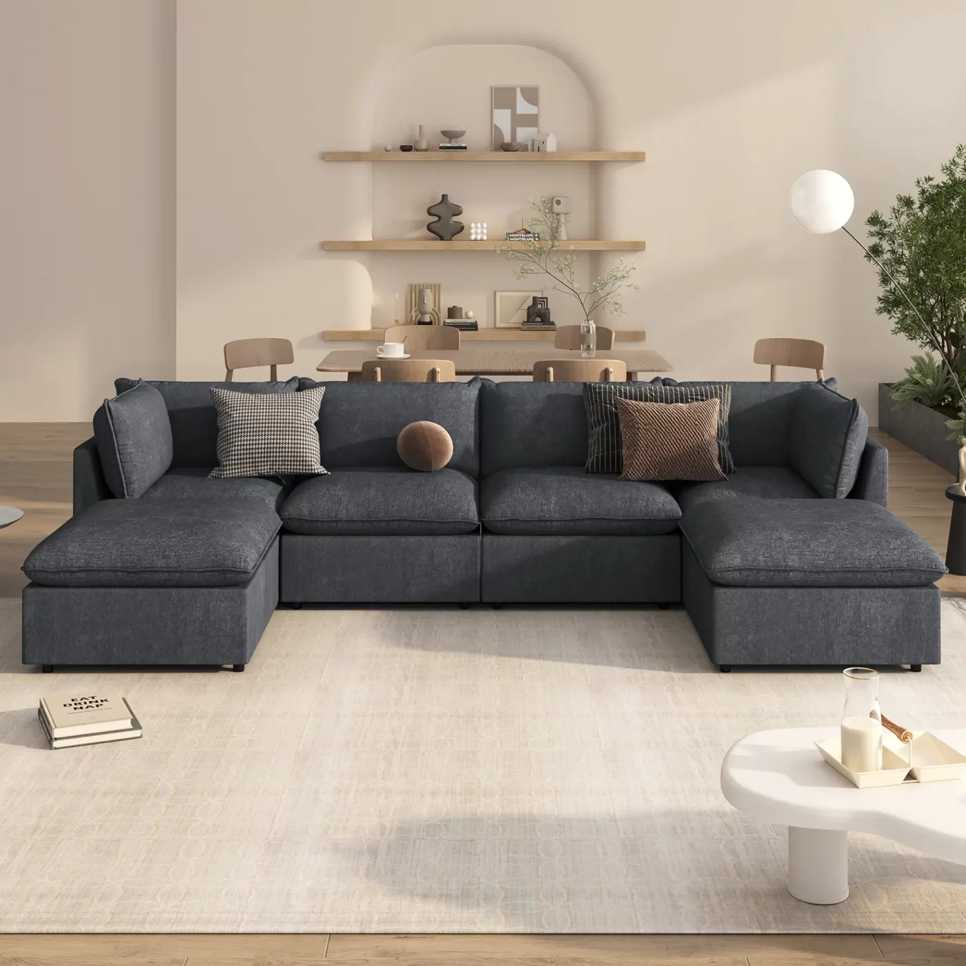 Modern Large U-Shape Sectional Sofa, 2 Large Chaise with Removable Ottomans, Convertible L-Shape Sectional Sofa with Stylish Piping Design,for Living Room,Spacious Space(Old SKU:WY000351AAE)