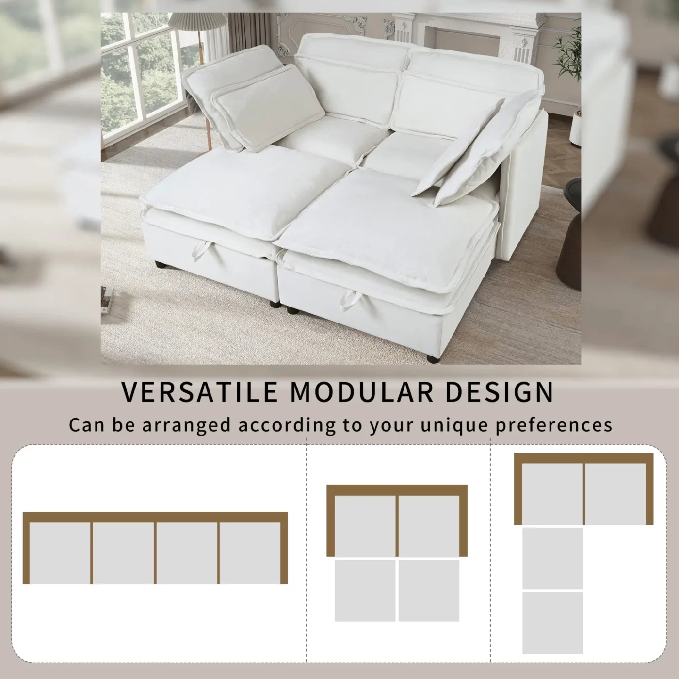 Double-Layer Cushion Modular Sofa, Freely Combinable, 4-Seater with Storage Function, Includes 4 Soft Cushions, Perfect for Living Rooms, Offices, and Apartments