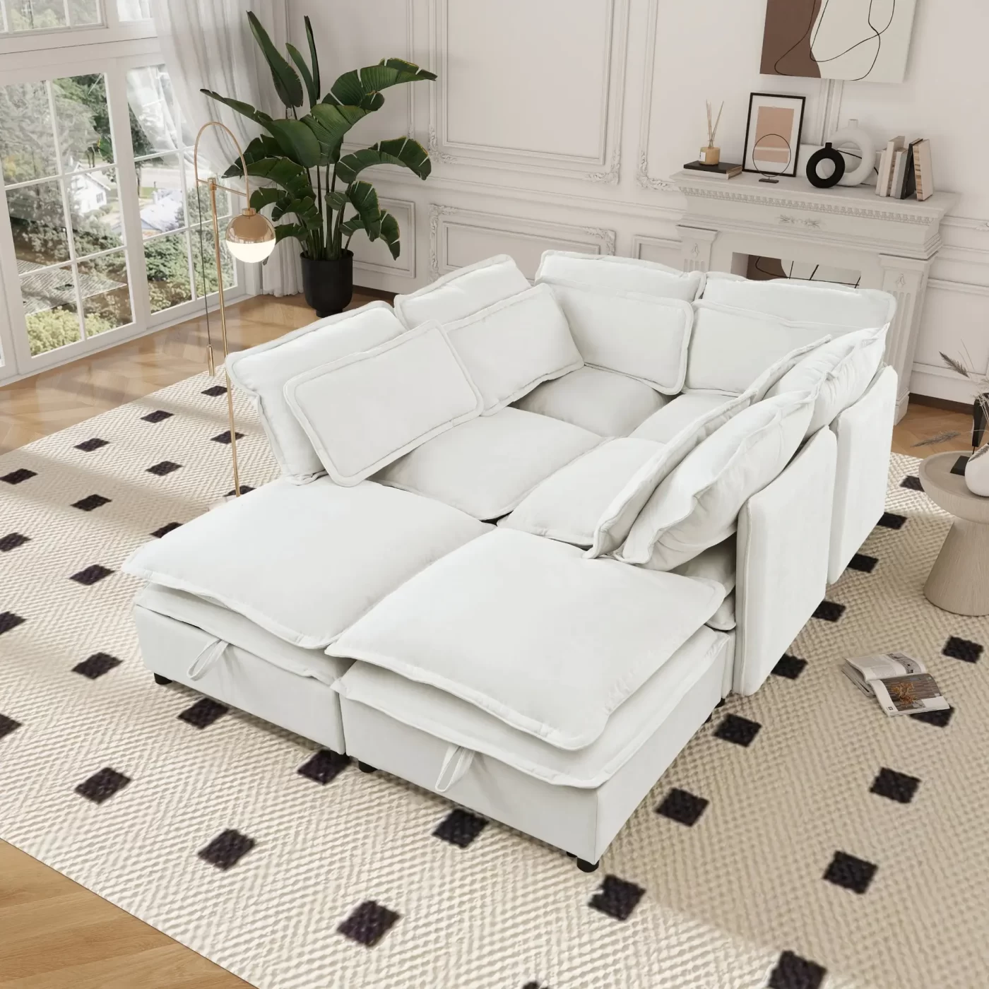 Double-Layer Cushion Modern Large U-Shaped Modular Sofa, Freely Combinable 6-Seater with Storage Function, Convertible to Sofa Bed, Perfect for Living Rooms, Offices, and Apartments
