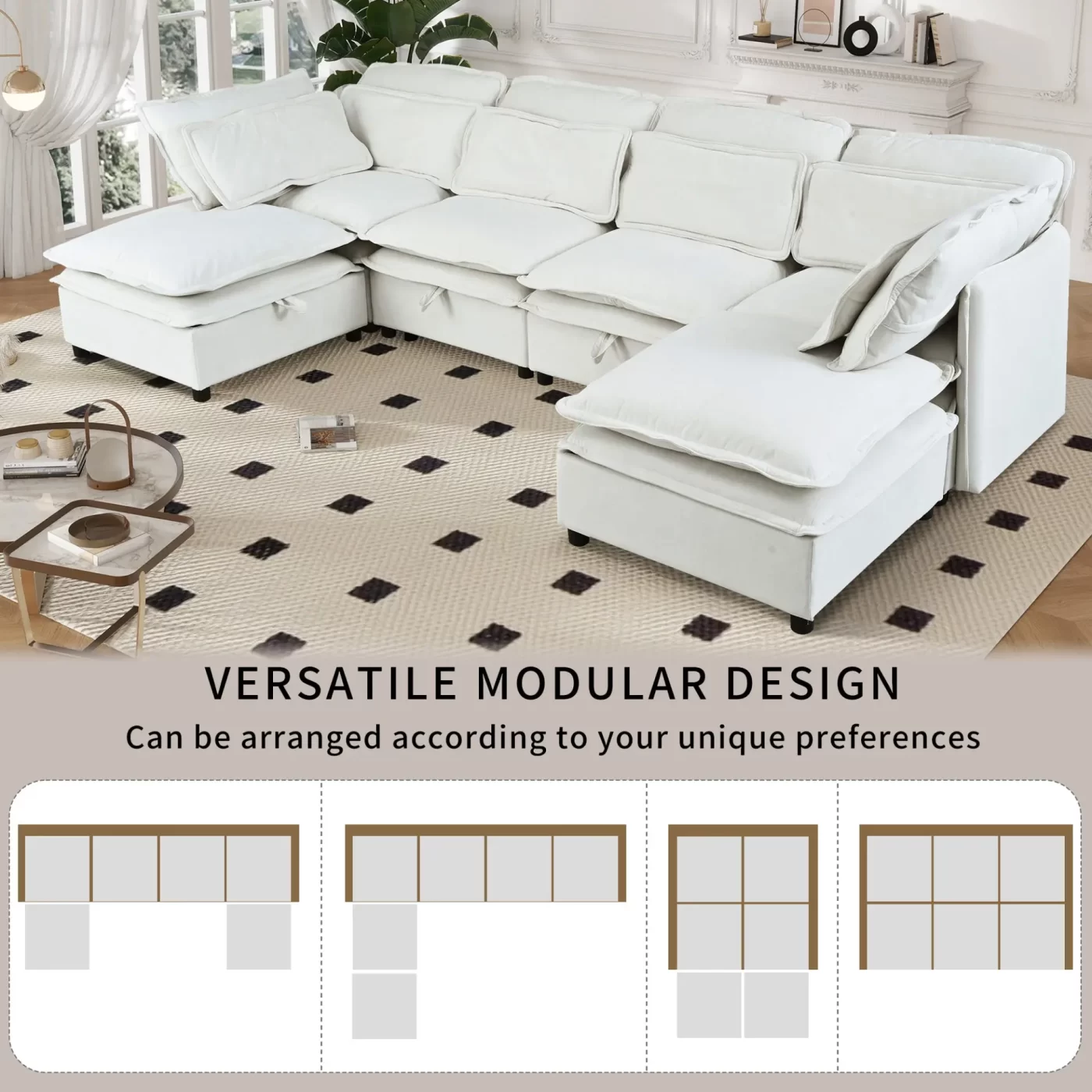 Double-Layer Cushion Modern Large U-Shaped Modular Sofa, Freely Combinable 6-Seater with Storage Function, Convertible to Sofa Bed, Perfect for Living Rooms, Offices, and Apartments