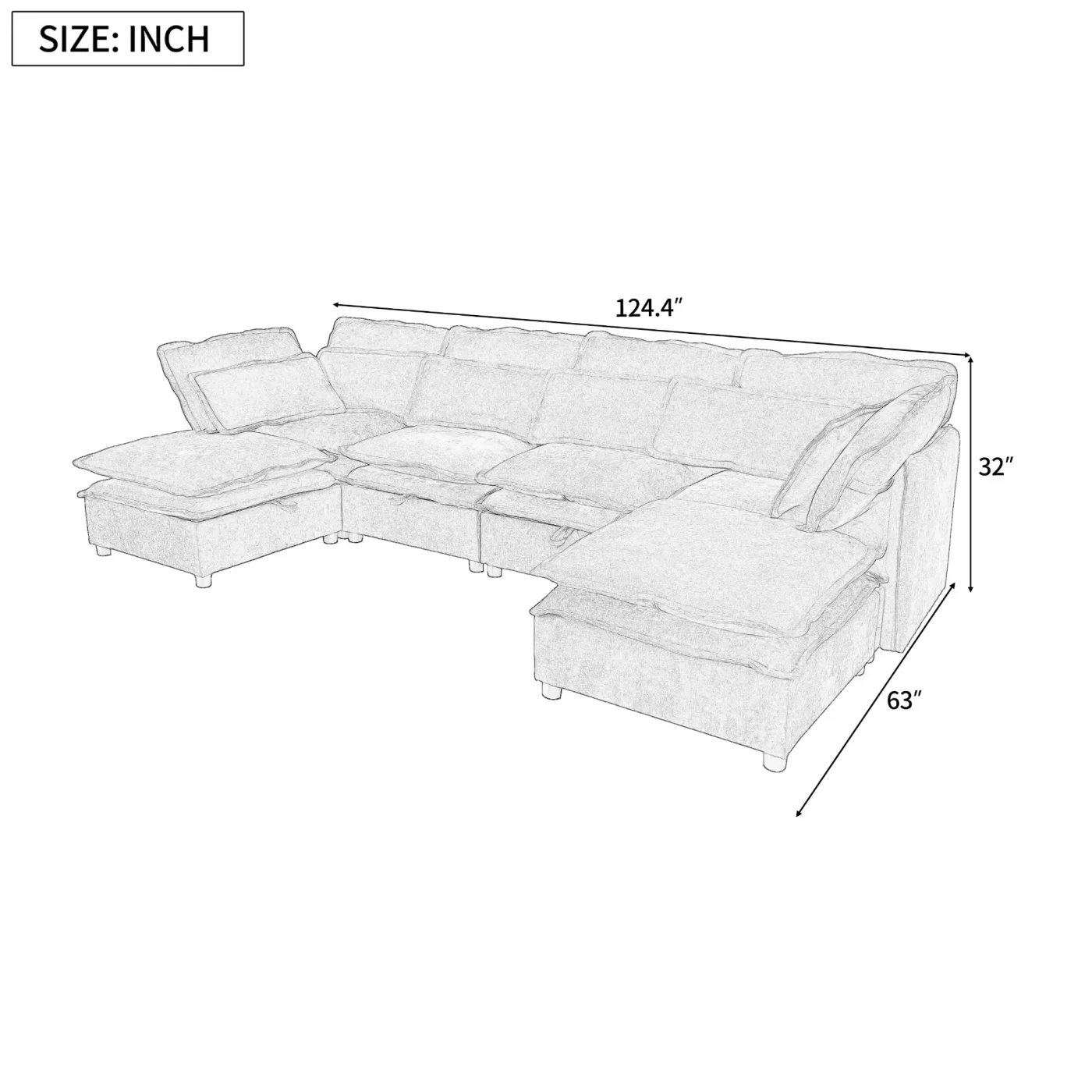 Double-Layer Cushion Modern Large U-Shaped Modular Sofa, Freely Combinable 6-Seater with Storage Function, Convertible to Sofa Bed, Perfect for Living Rooms, Offices, and Apartments