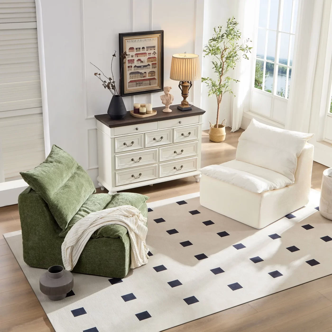 Accent Armless Chair Lazy Floor Seating, Leisure Accent Single Couch with Backrest Single Sofa Lounger for Living Room, Bedroom, Office, Single Seat, WHITE