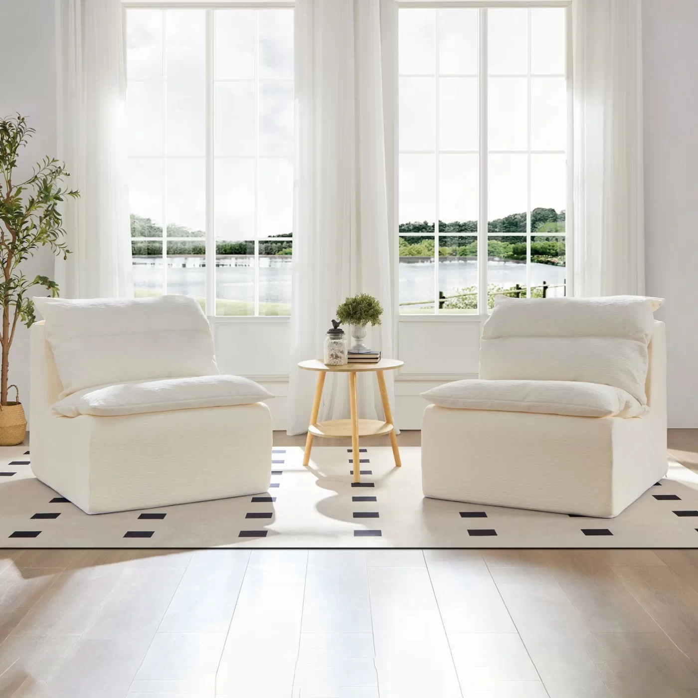 Accent Armless Chair Lazy Floor Seating, Leisure Accent Single Couch with Backrest Single Sofa Lounger for Living Room, Bedroom, Office, Single Seat, WHITE