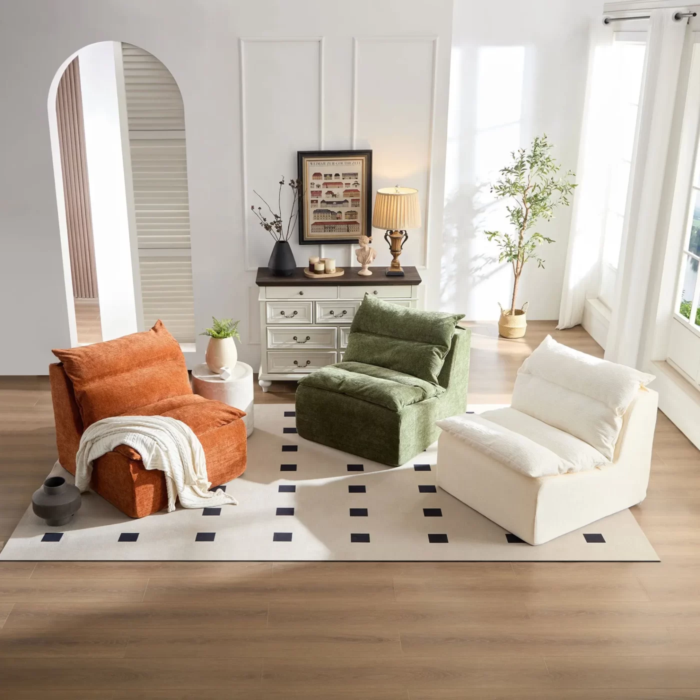 Accent Armless Chair Lazy Floor Seating, Leisure Accent Single Couch with Backrest Single Sofa Lounger for Living Room, Bedroom, Office, Single Seat, WHITE