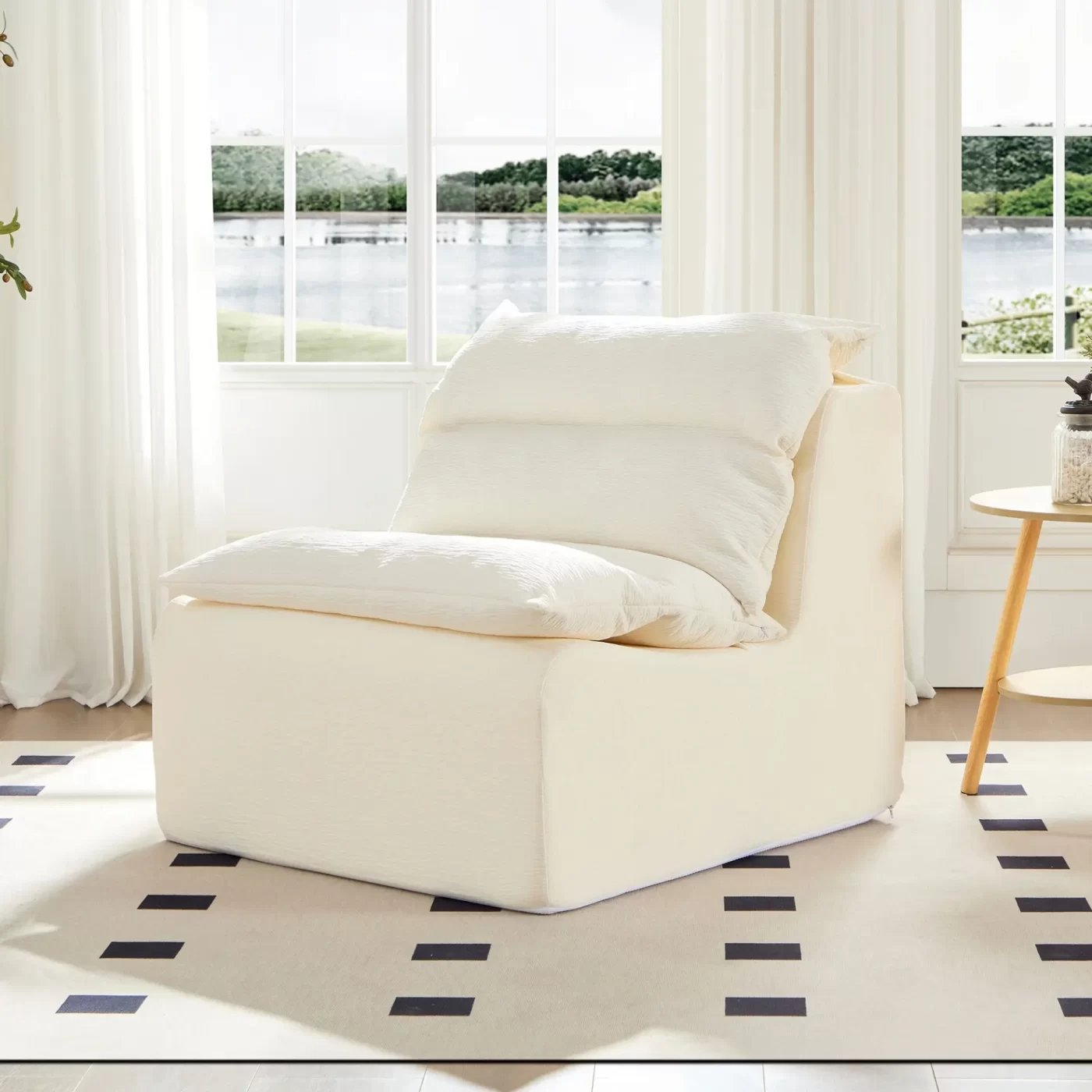 Accent Armless Chair Lazy Floor Seating, Leisure Accent Single Couch with Backrest Single Sofa Lounger for Living Room, Bedroom, Office, Single Seat, WHITE